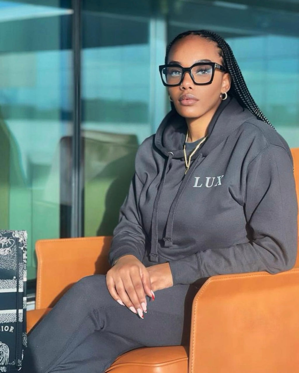 Black LUX Classic Hoodie hood detail with drawstrings