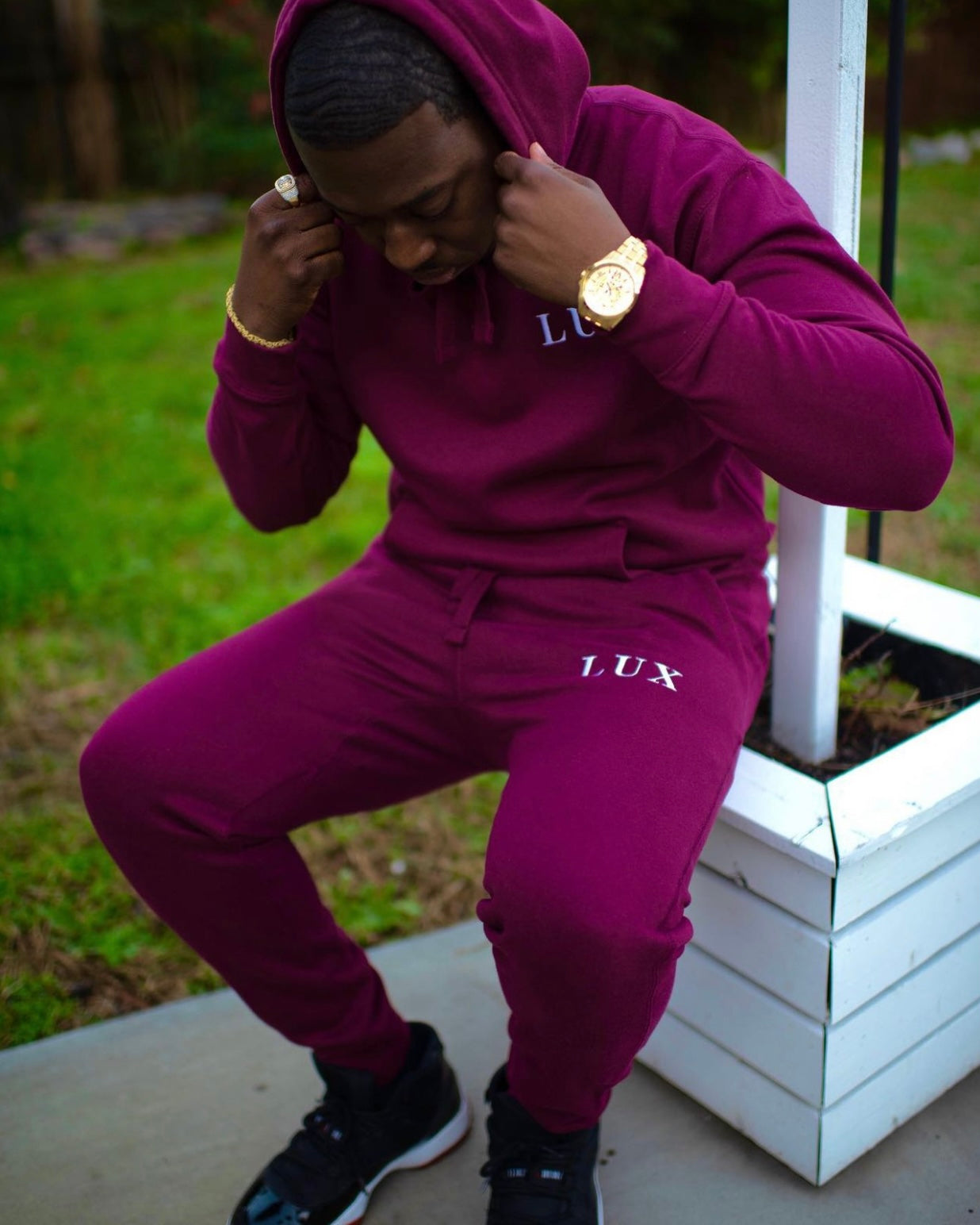 Maroon LUX Classic Sweatpants full streetwear outfit with LUX Classic Hoodie