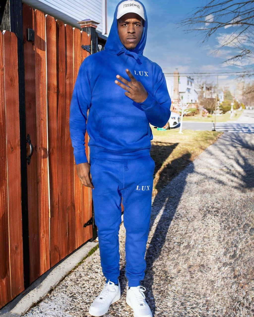 Royal Blue LUX Classic Sweatpants full streetwear outfit with LUX Classic Hoodie
