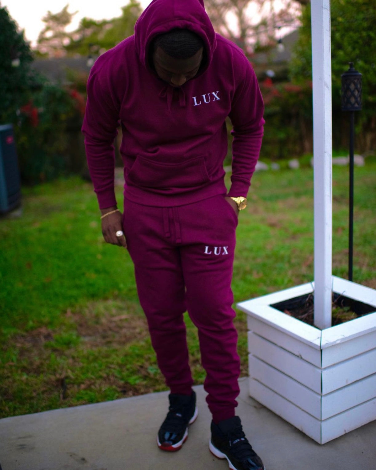 Maroon LUX Classic Hoodie lifestyle streetwear outfit