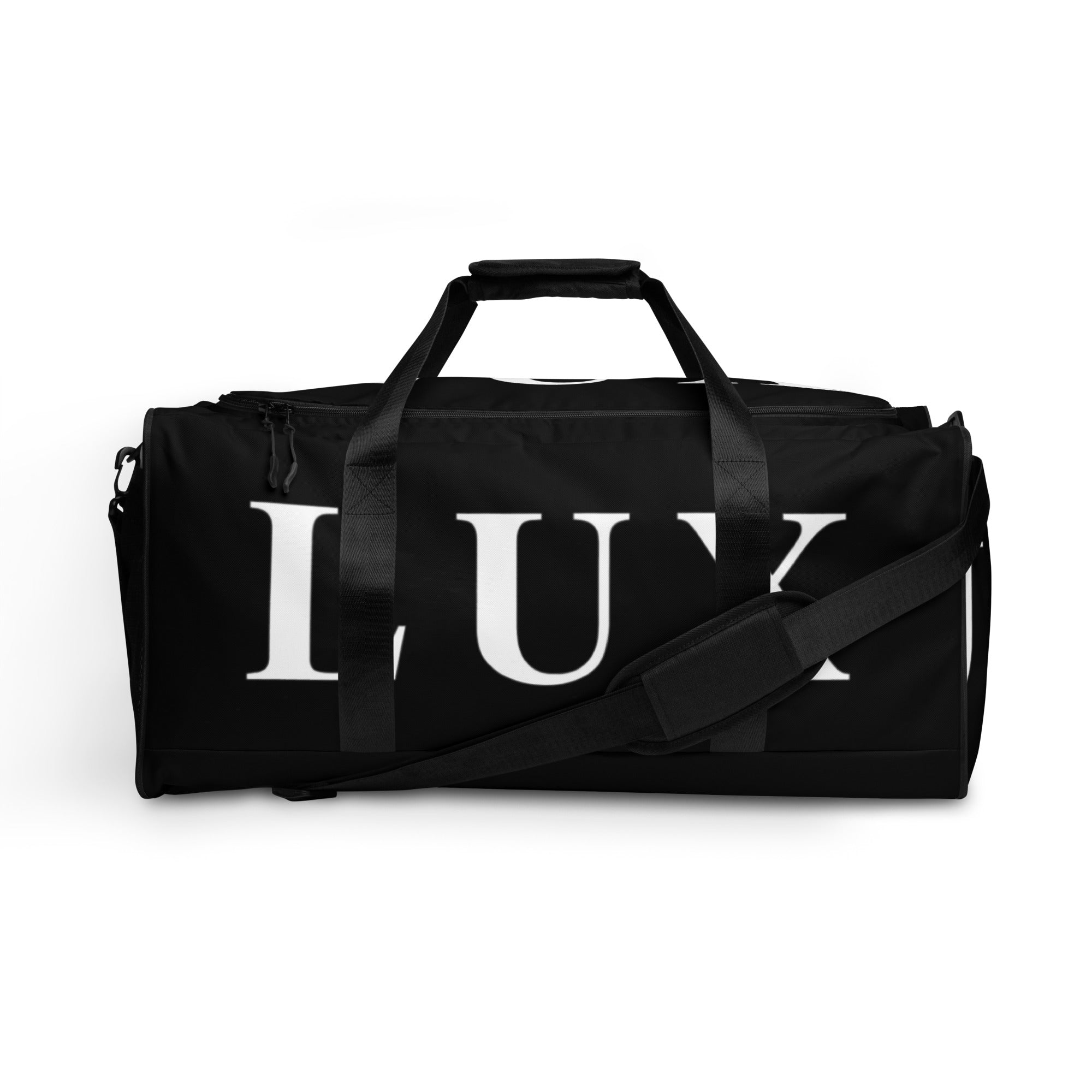 A black duffle bag with the word 'LUX' printed in white on the side, featuring a zippered top compartment and a padded shoulder strap.