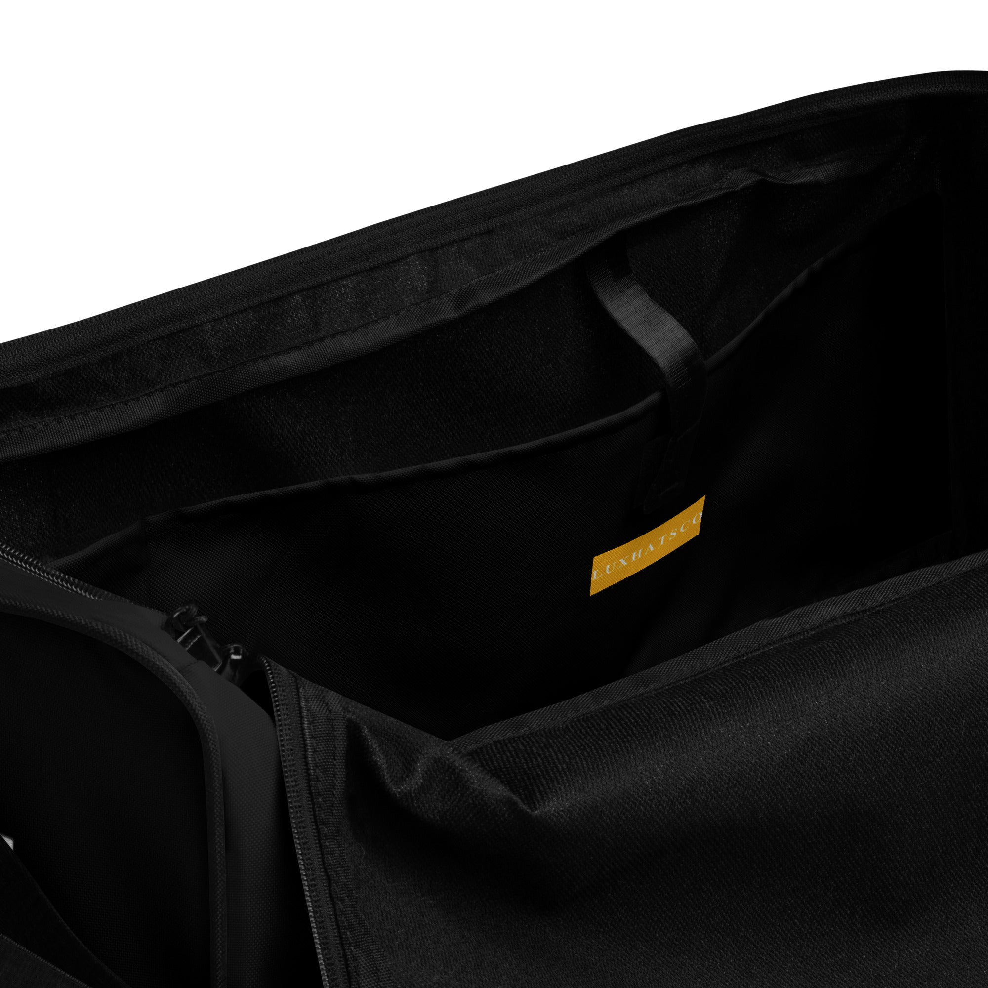 Black LUX Duffle Bag interior view with multiple pockets