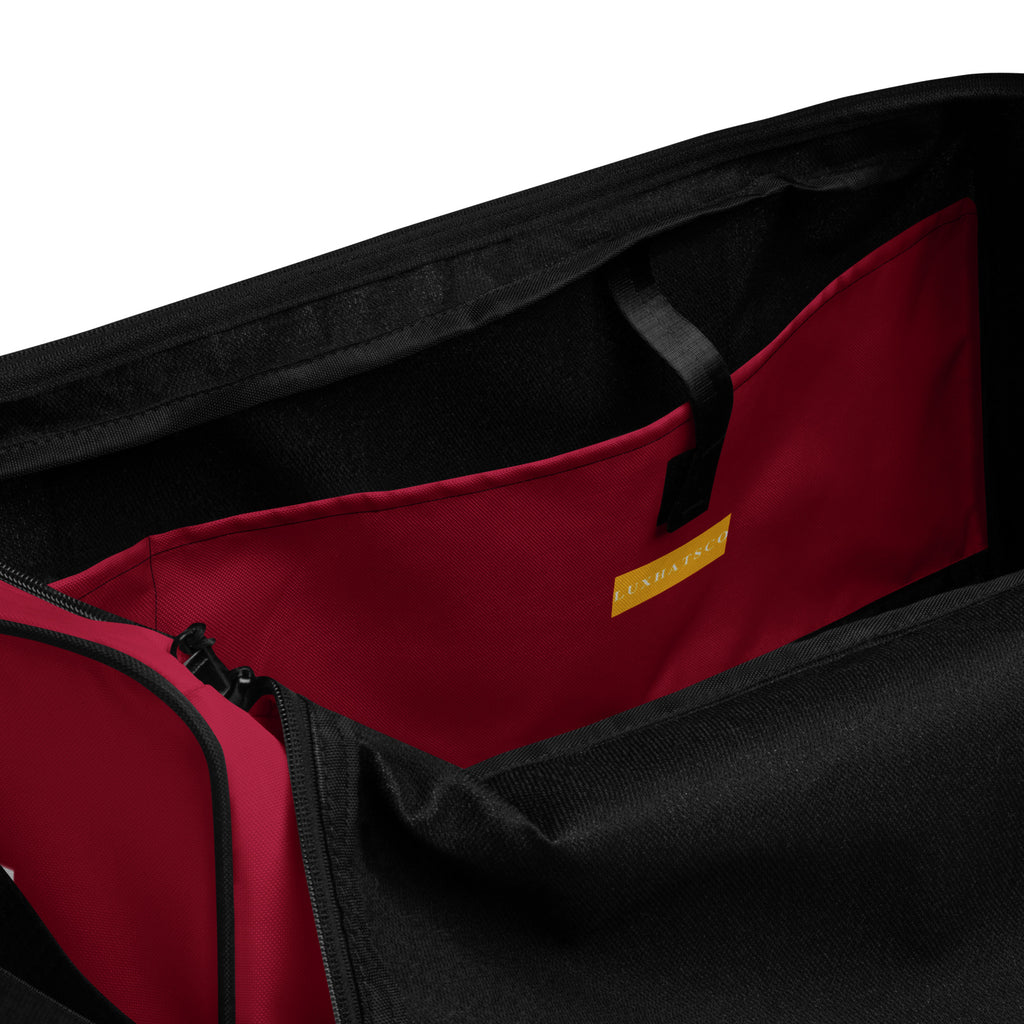 Maroon LUX Duffle Bag interior view with multiple pockets