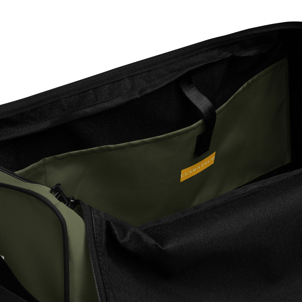 Olive LUX Duffle Bag interior view with multiple pockets
