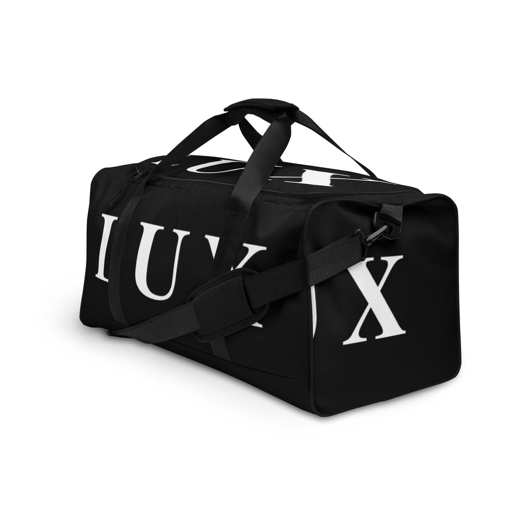Black LUX Duffle Bag left side angle view showing mesh pocket