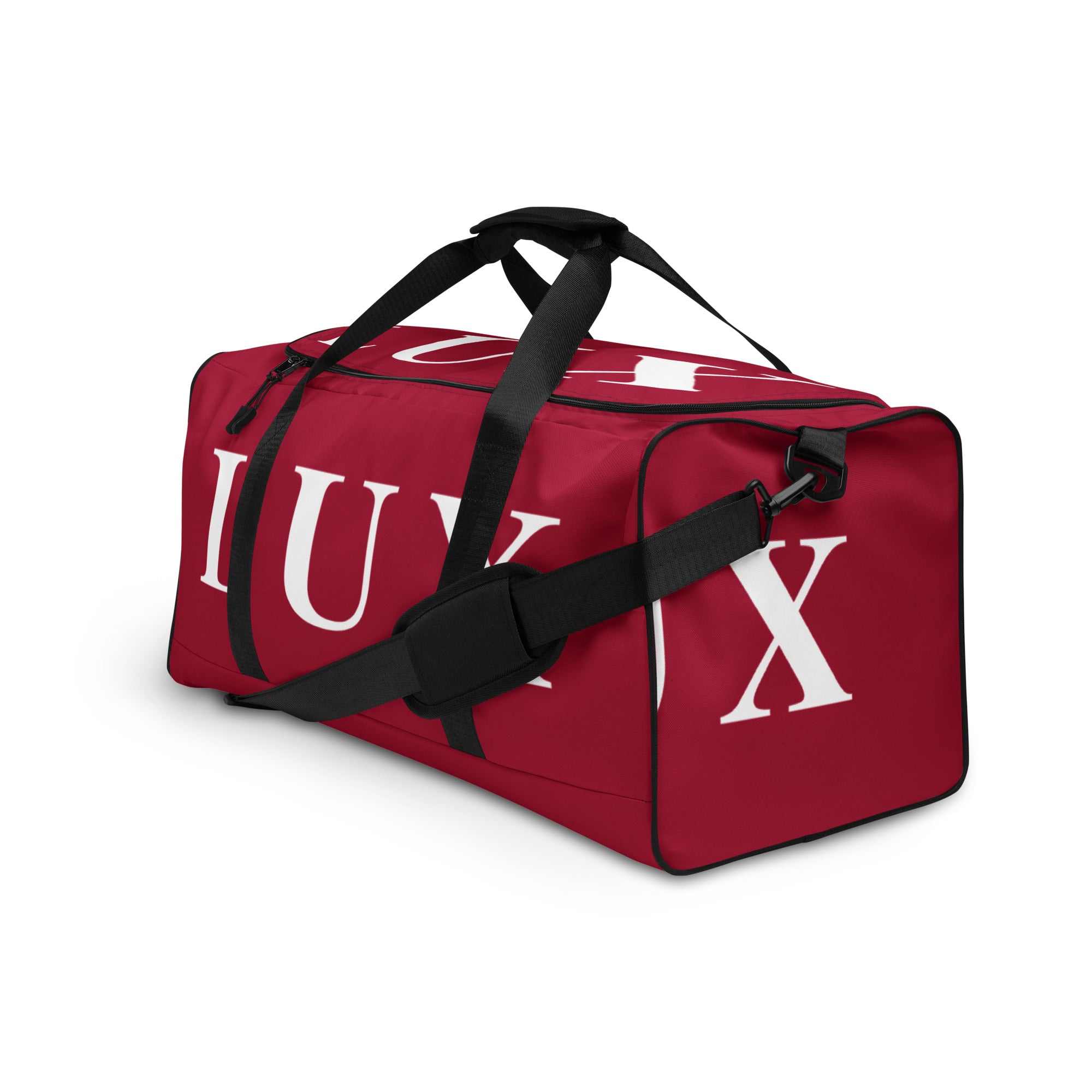 Maroon LUX Duffle Bag adjustable shoulder strap detail