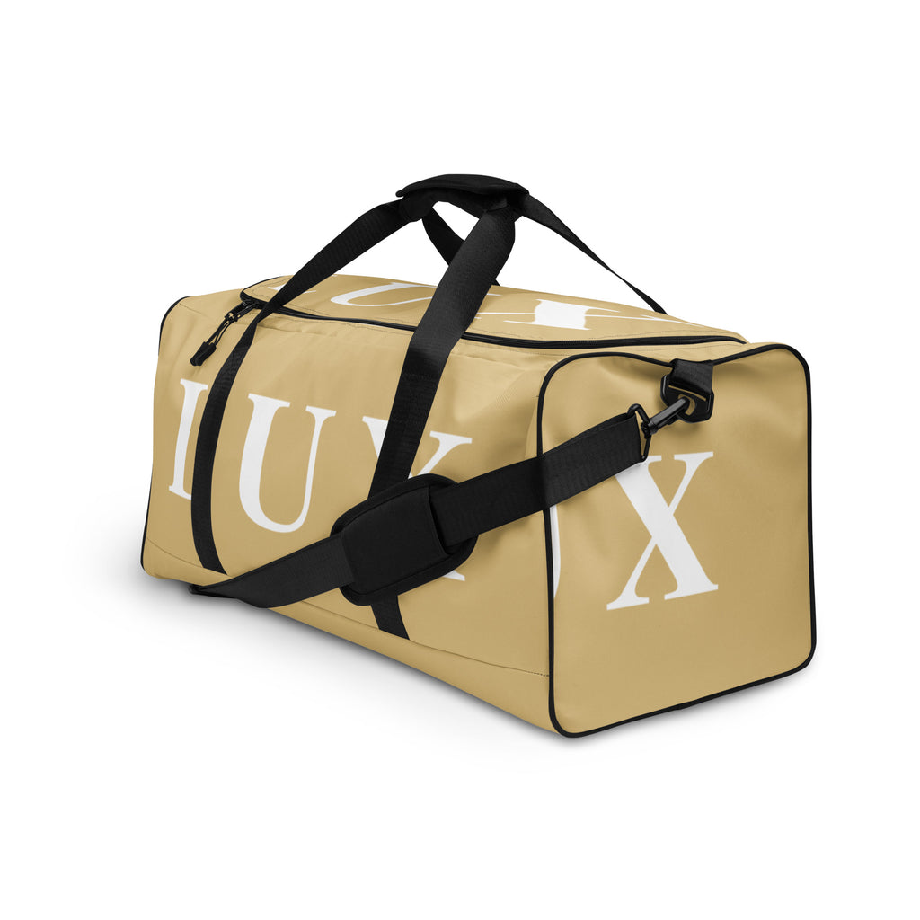 Golden Tan LUX Duffle Bag left side angle view showing mesh pocket