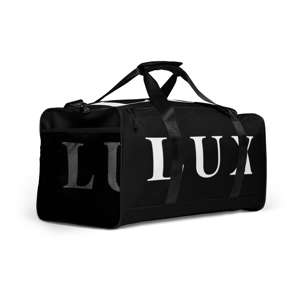 Black LUX Duffle Bag side angle view showing mesh pocket