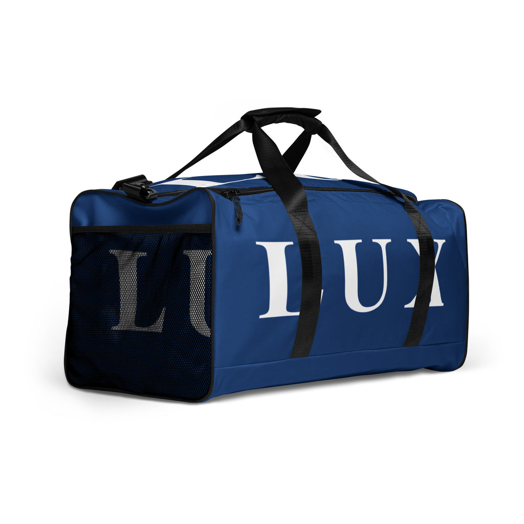 Navy LUX Duffle Bag right side angle view showing mesh pocket