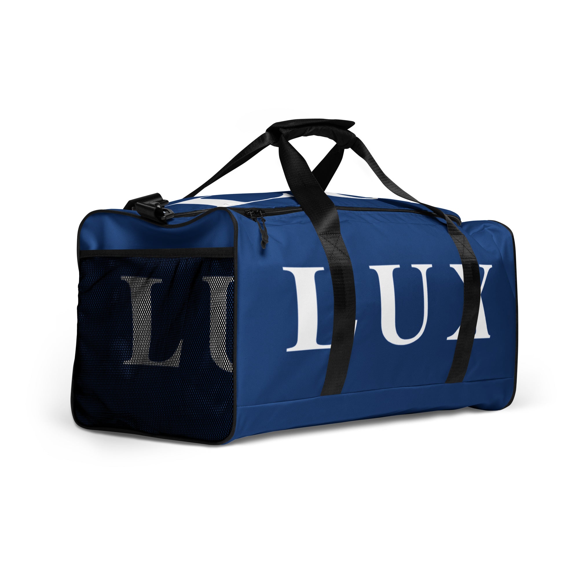 Navy LUX Duffle Bag right side angle view showing mesh pocket