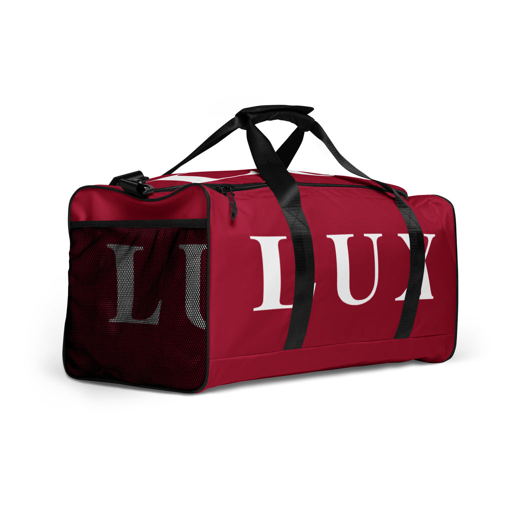 Maroon LUX Duffle Bag right side angle view showing mesh pocket