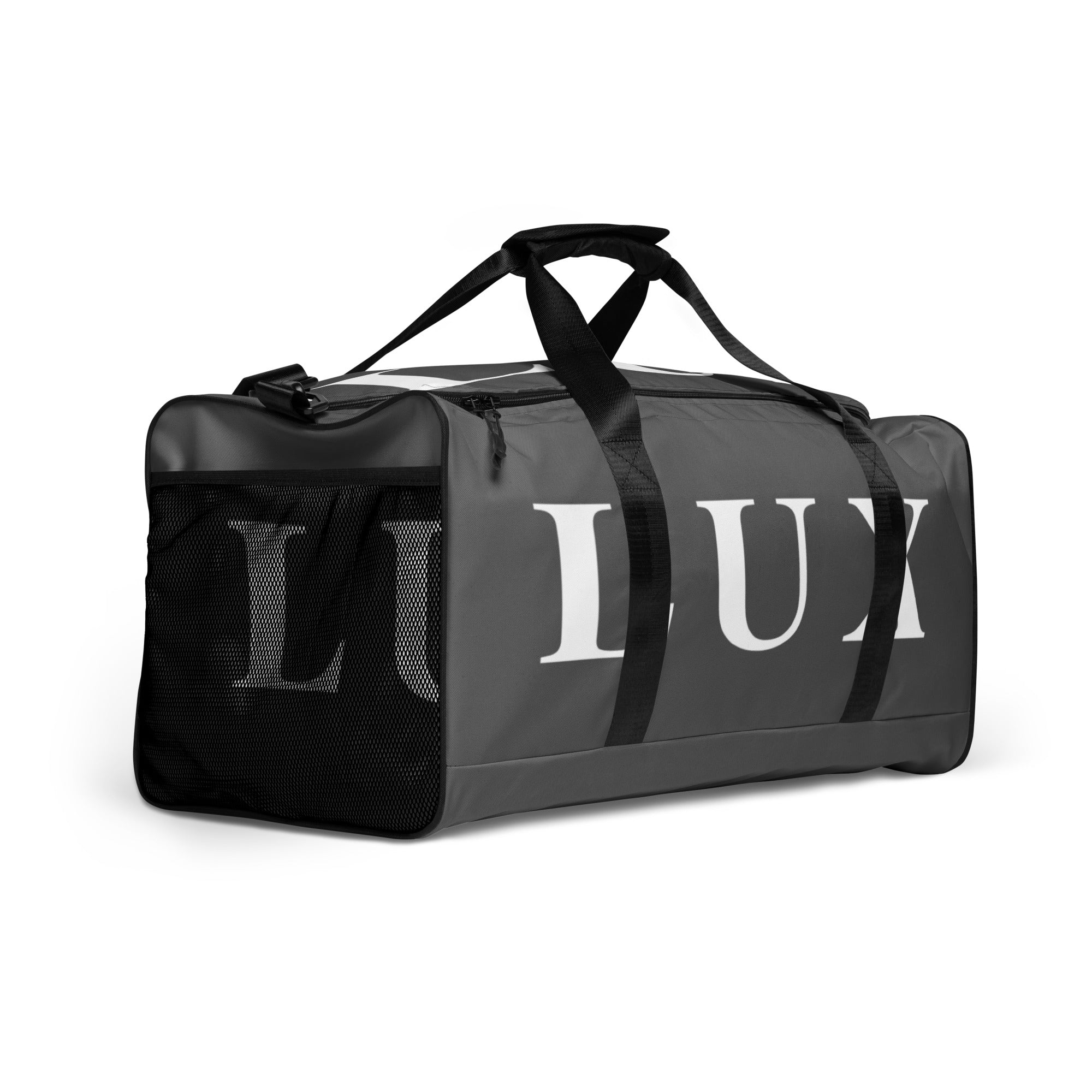 Dim Gray LUX Duffle Bag right side  angle view showing mesh pocket