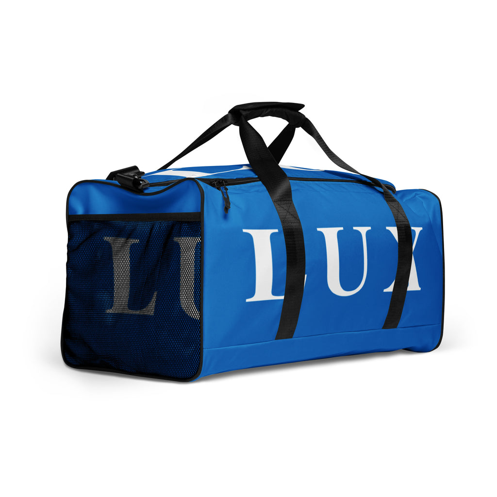 Royal Blue LUX Duffle Bag right side angle view showing mesh pocket