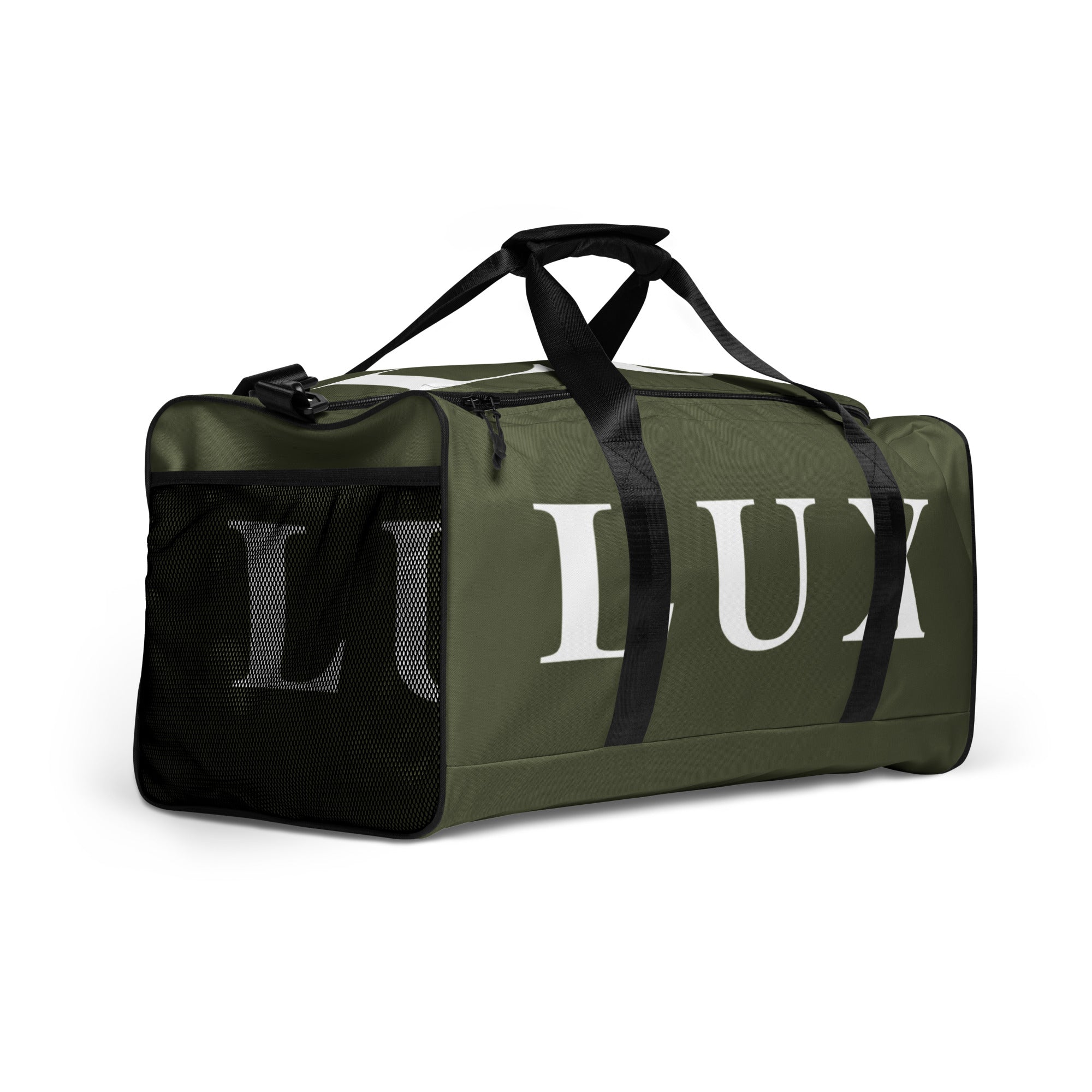 Olive LUX Duffle Bag right side angle view showing mesh pocket