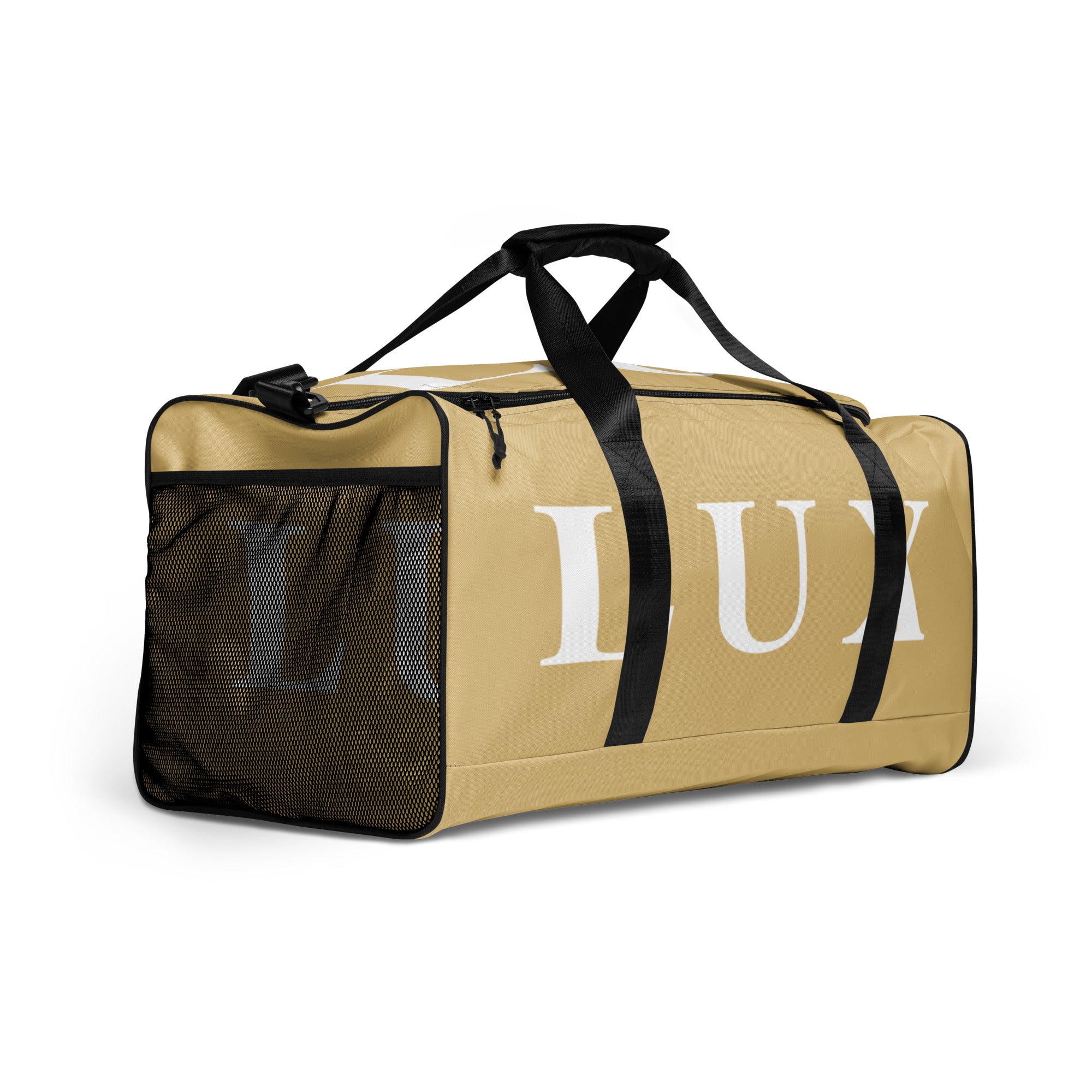 Golden Tan LUX Duffle Bag right  side angle view showing mesh pocket
