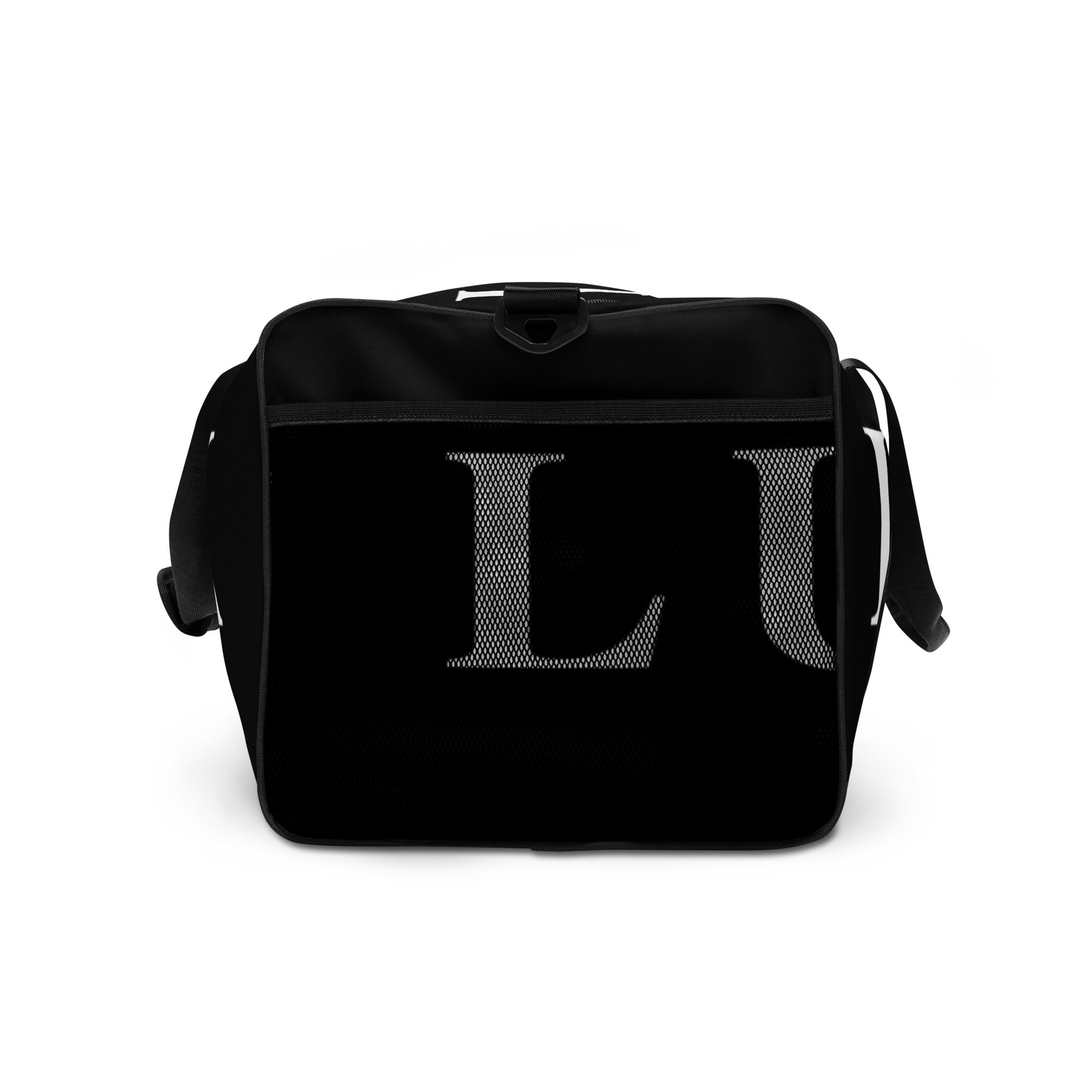 Black LUX Duffle Bag right side view showing mesh pocket