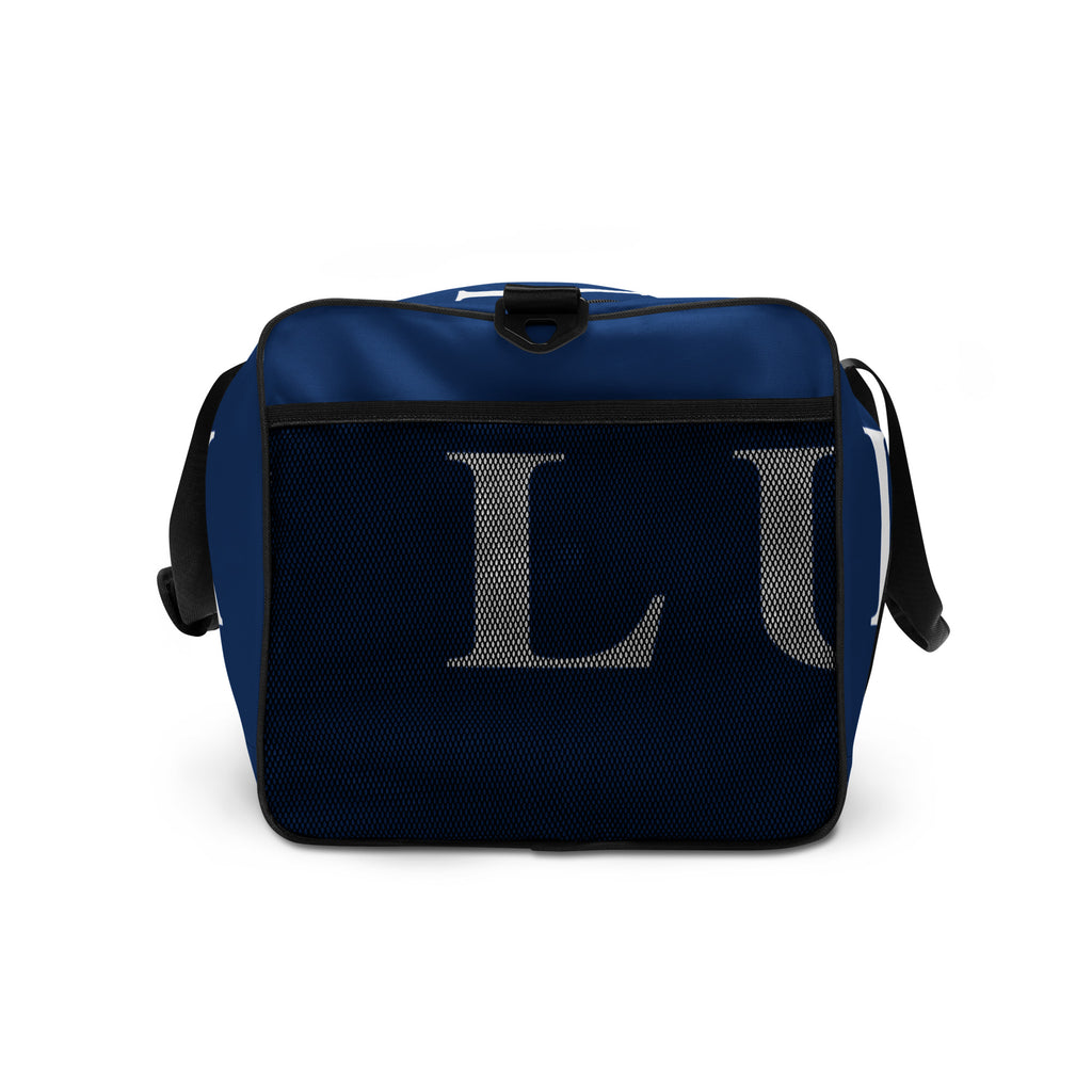 Navy LUX Duffle Bag side view showing mesh pocket