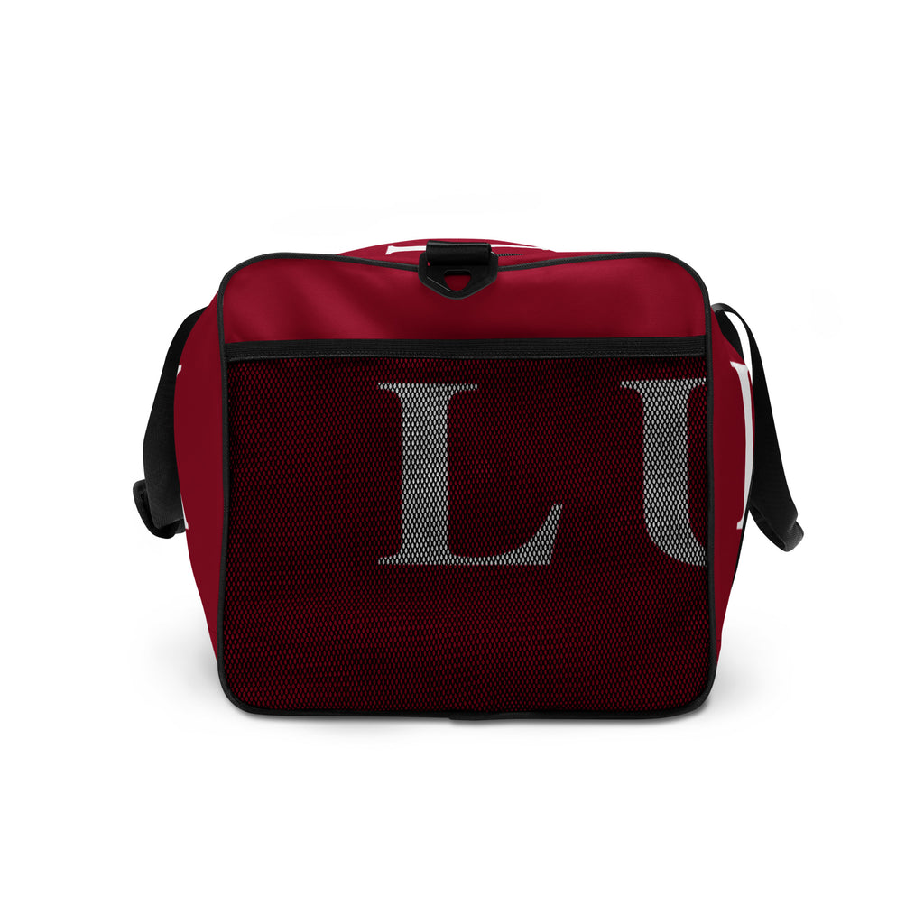Maroon LUX Duffle Bag side view showing mesh pocket