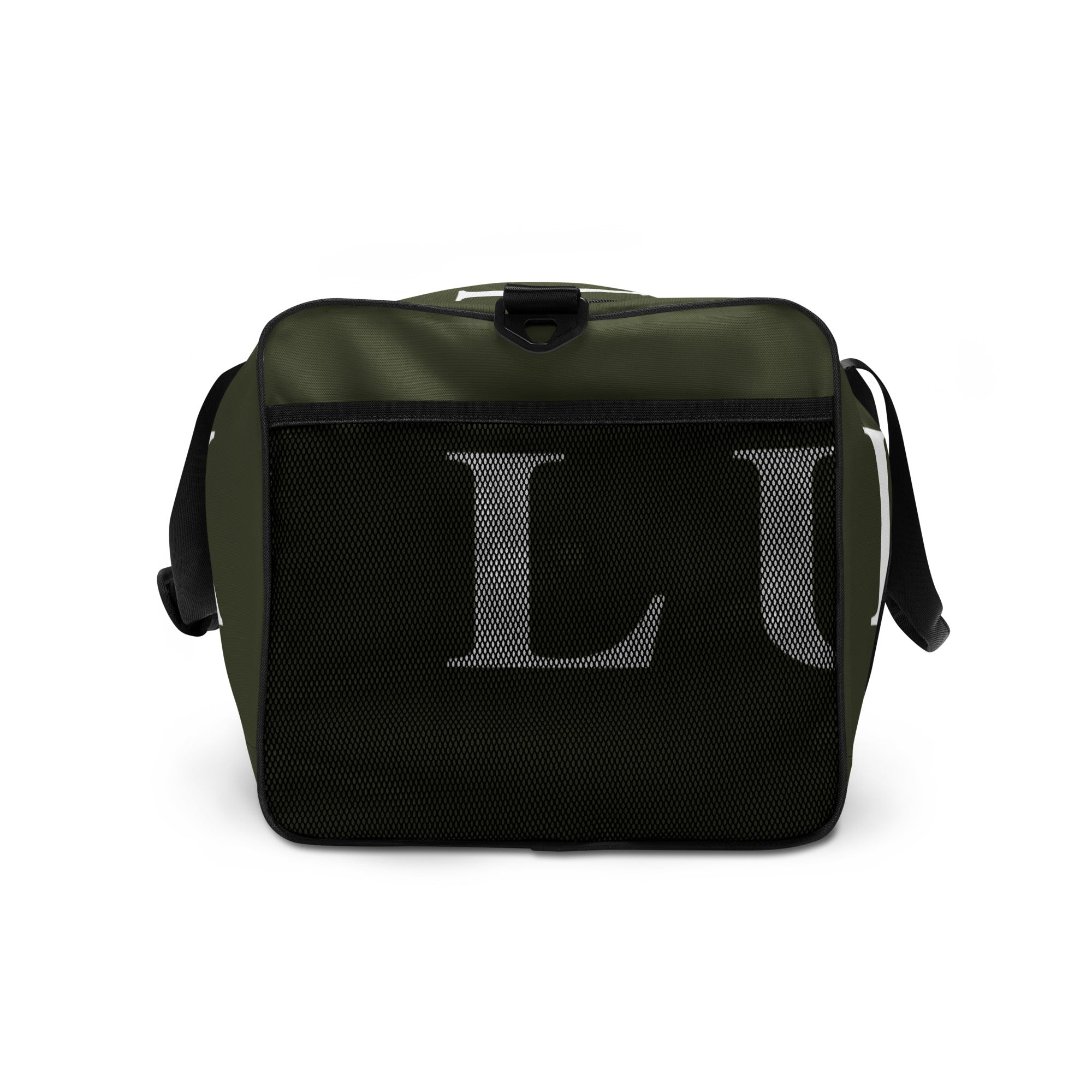 Olive LUX Duffle Bag left side view showing mesh pocket