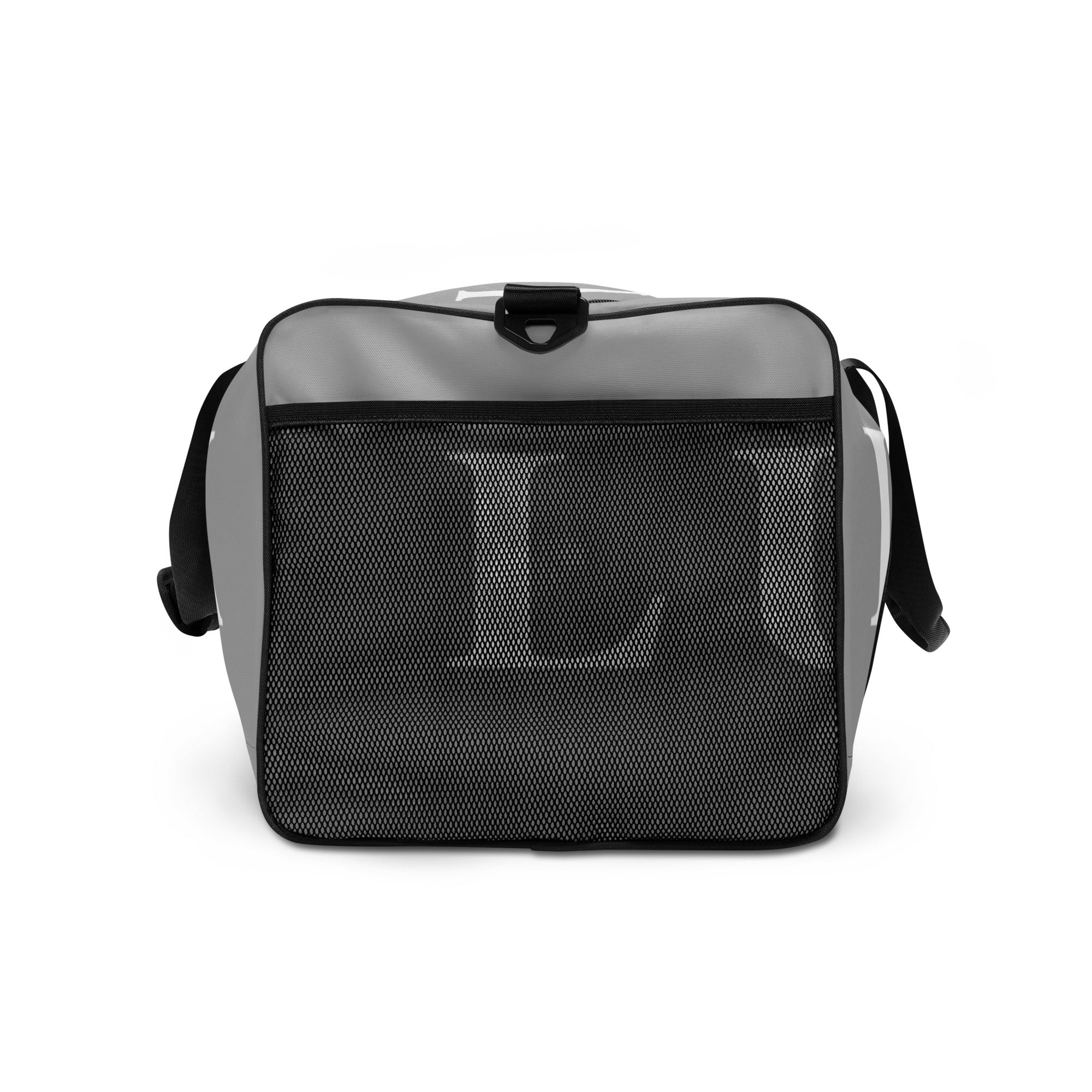 Light Grey LUX Duffle Bag right side view showing mesh pocket