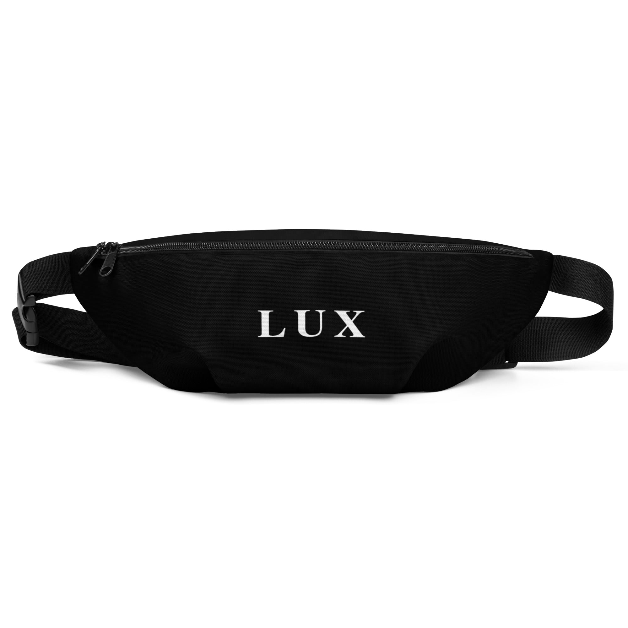 Black Lux Fanny Pack front view, unisex waist bag