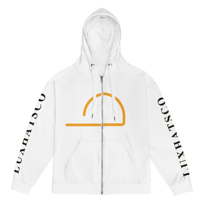 White LUXHATSCO Logo Zip Hoodie front view