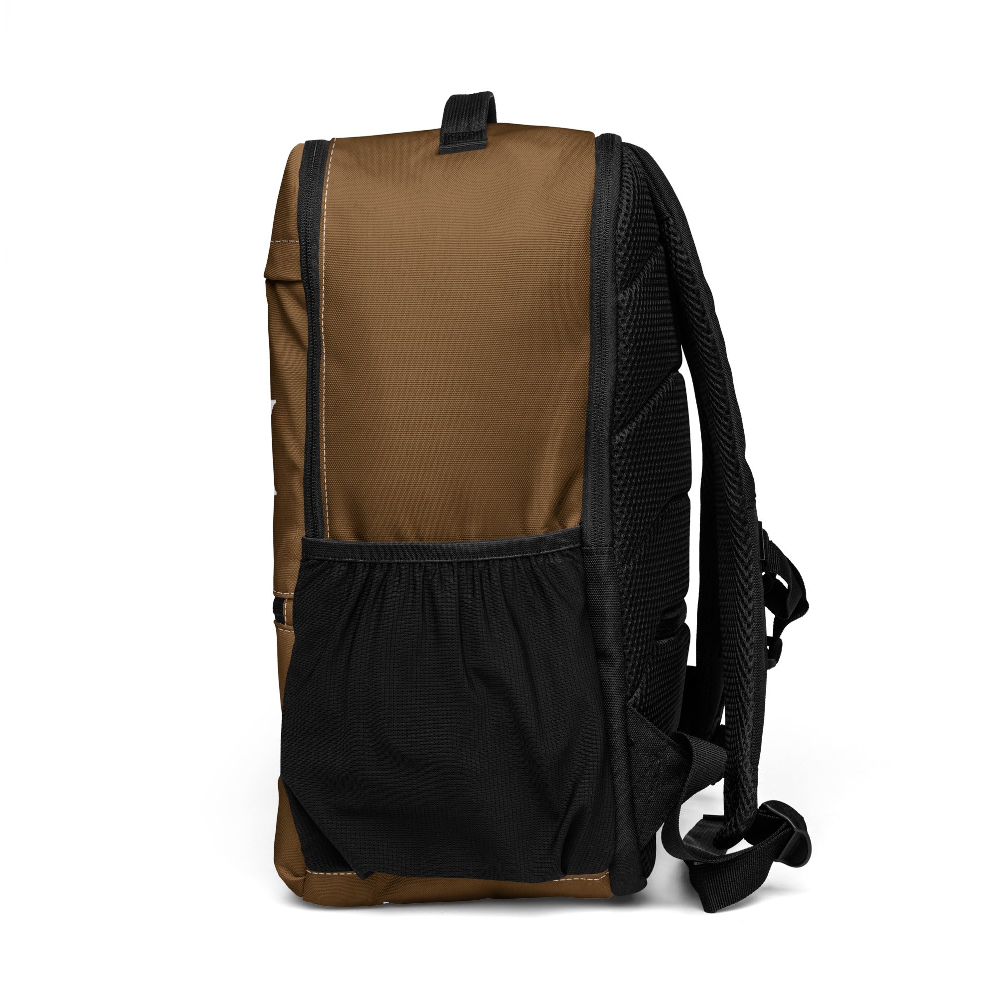 Coffee Brown LUX Utility Backpack left side view with mesh pocket