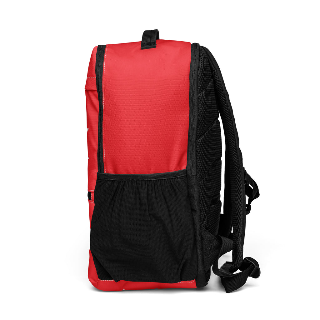 Berry Red LUX Utility Backpack left side view with mesh pocket