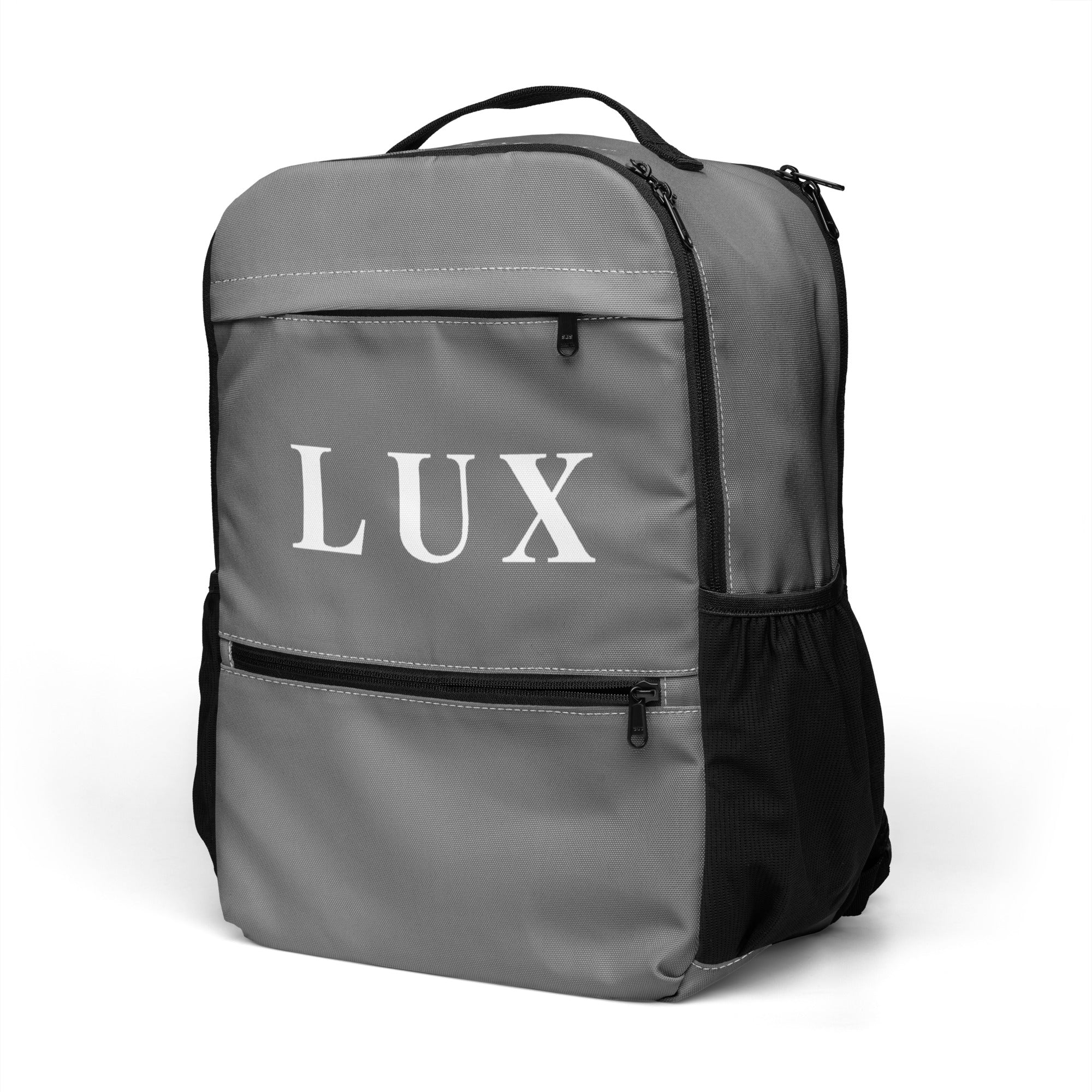Stone Gray LUX Utility Backpack left side angle view with mesh pocket