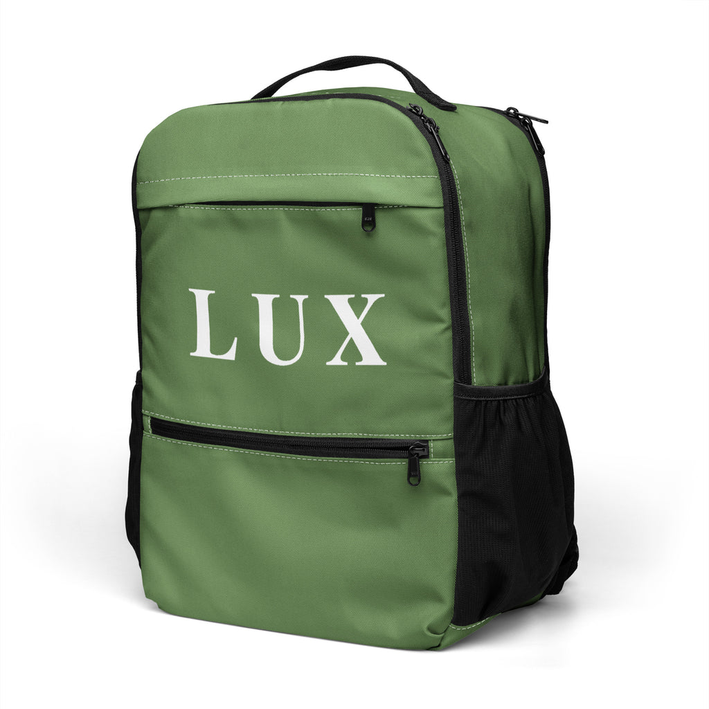 Fern Green LUX Utility Backpack side angle view with mesh pocket
