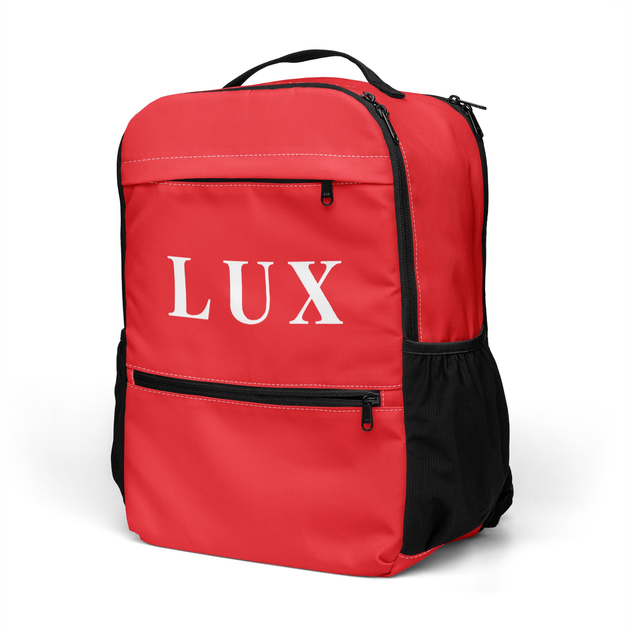 Berry Red LUX Utility Backpack angle side view with mesh pocket