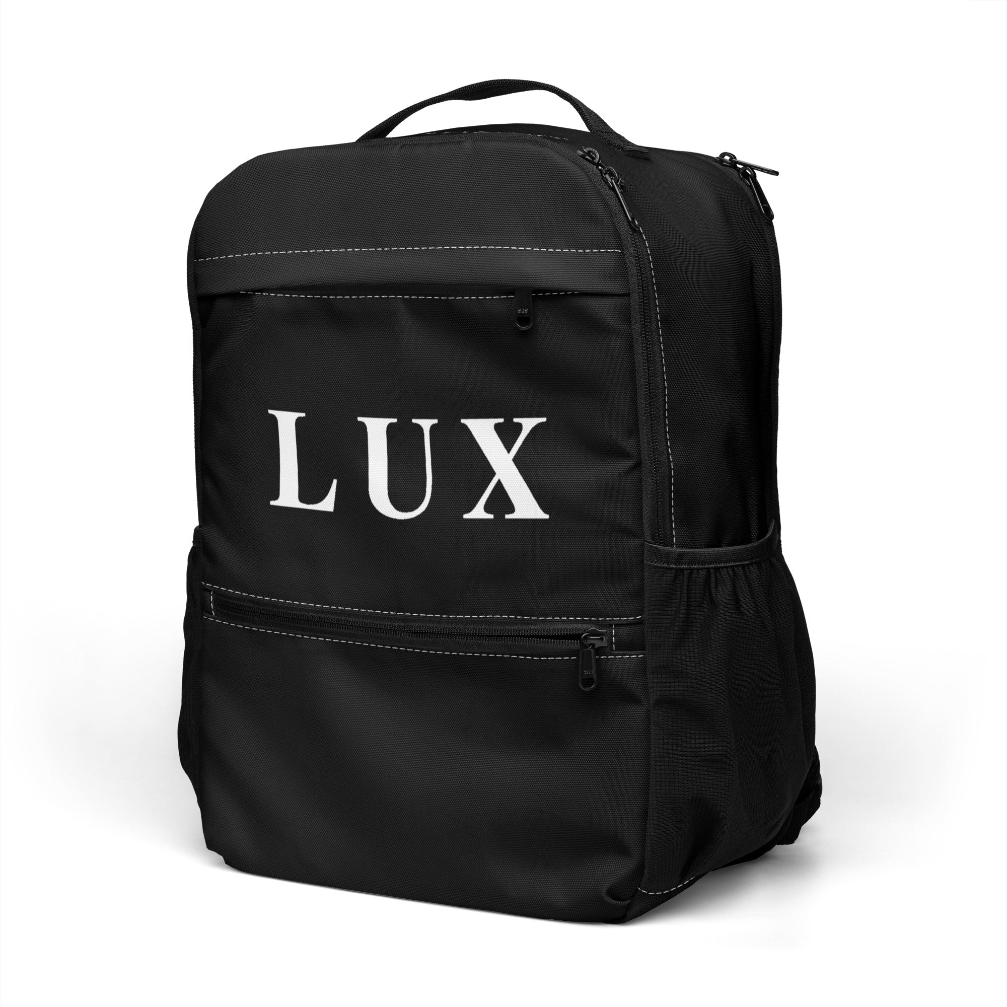 Black LUX Utility Backpack angle side view with mesh pocket