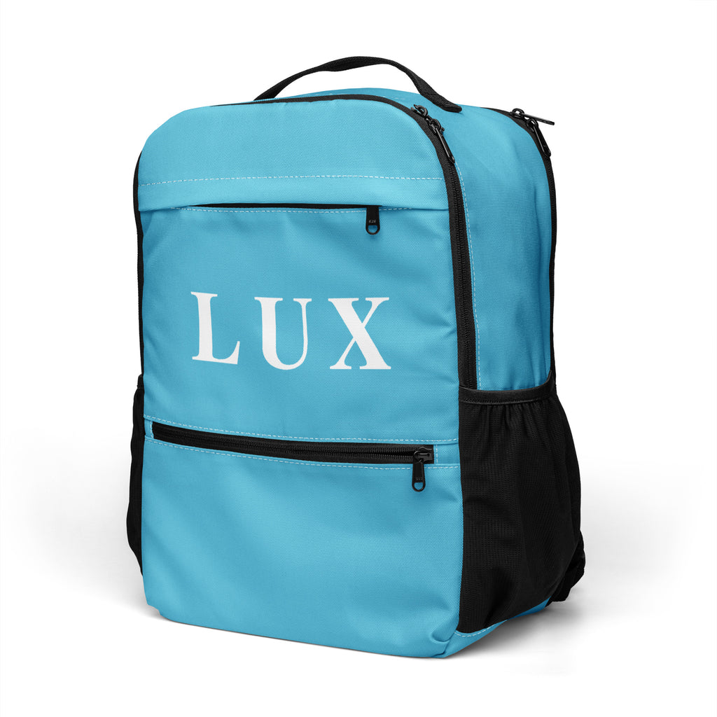 DeepSky Blue LUX Utility Backpack angle side view with mesh pocket