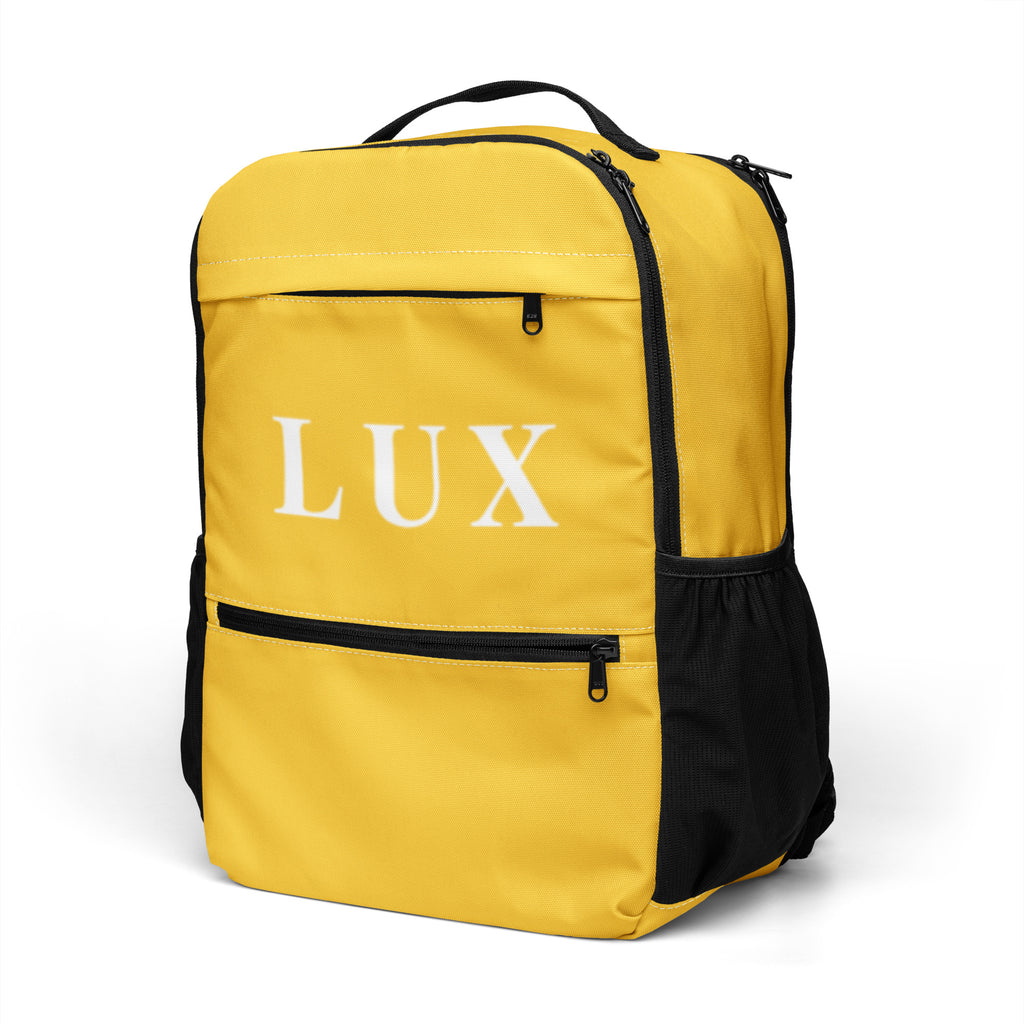 Sunflower Yellow LUX Utility Backpack – side angle view showing mesh pocket