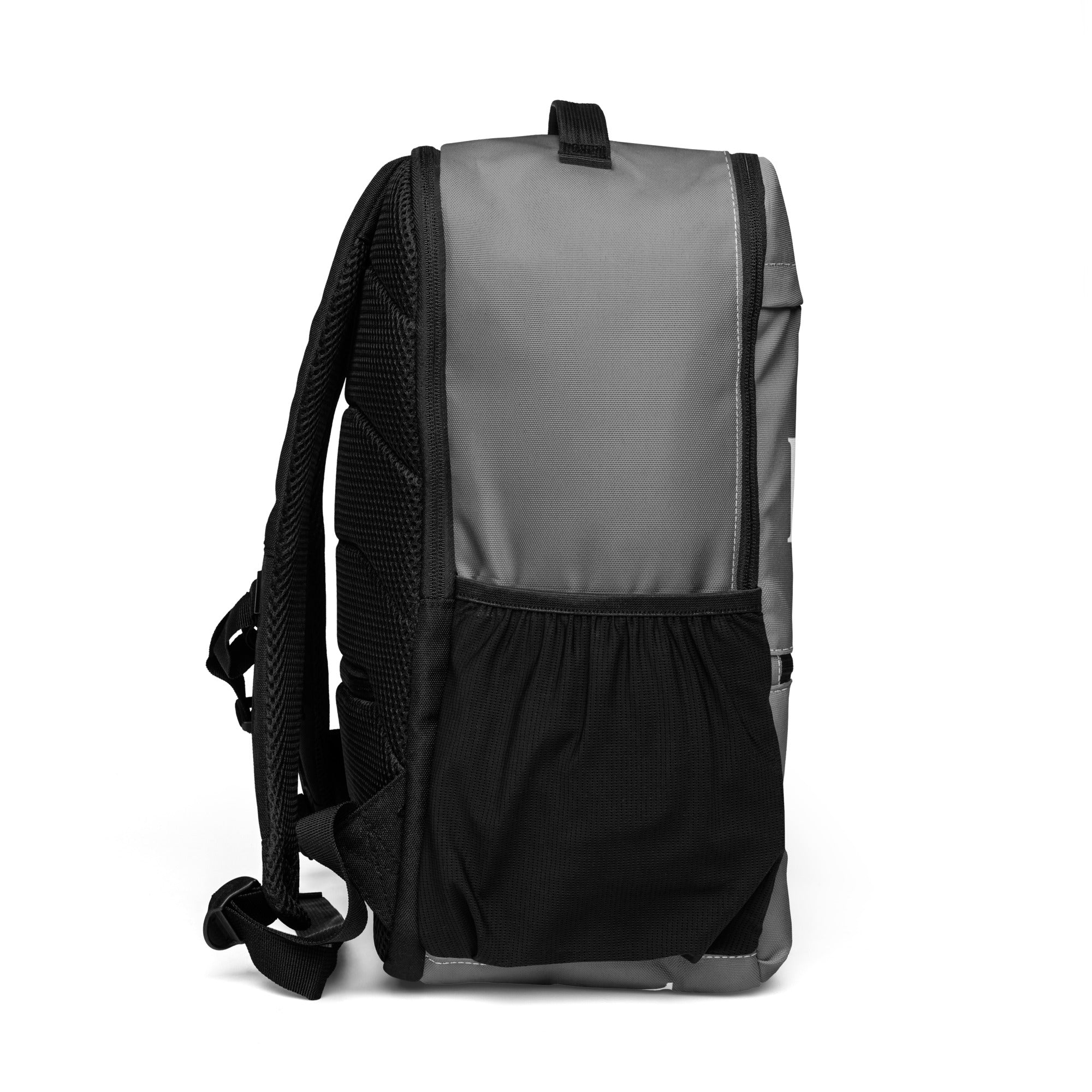Stone Gray LUX Utility Backpack right side view with mesh pocket