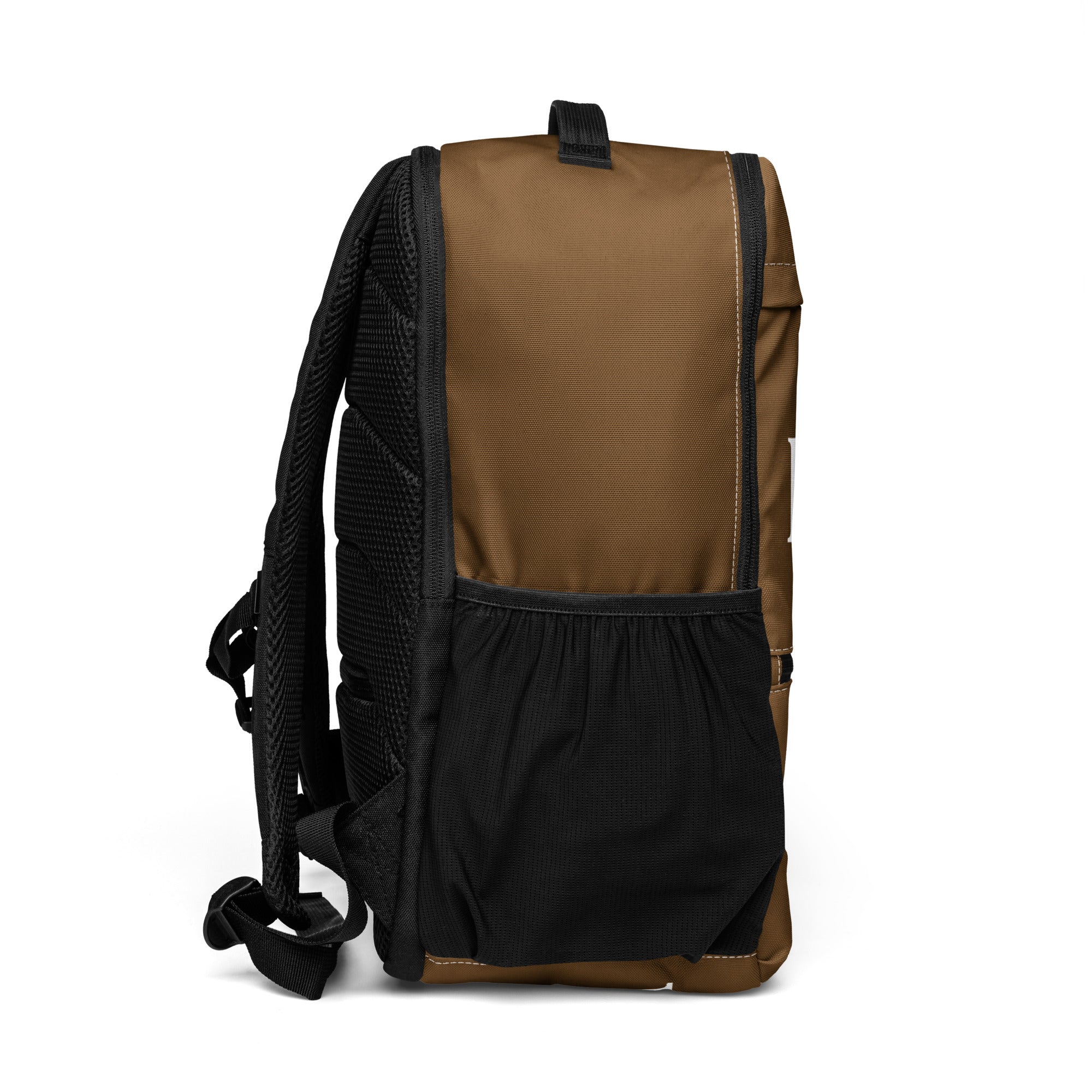 Coffee Brown LUX Utility Backpack right side view with mesh pocket