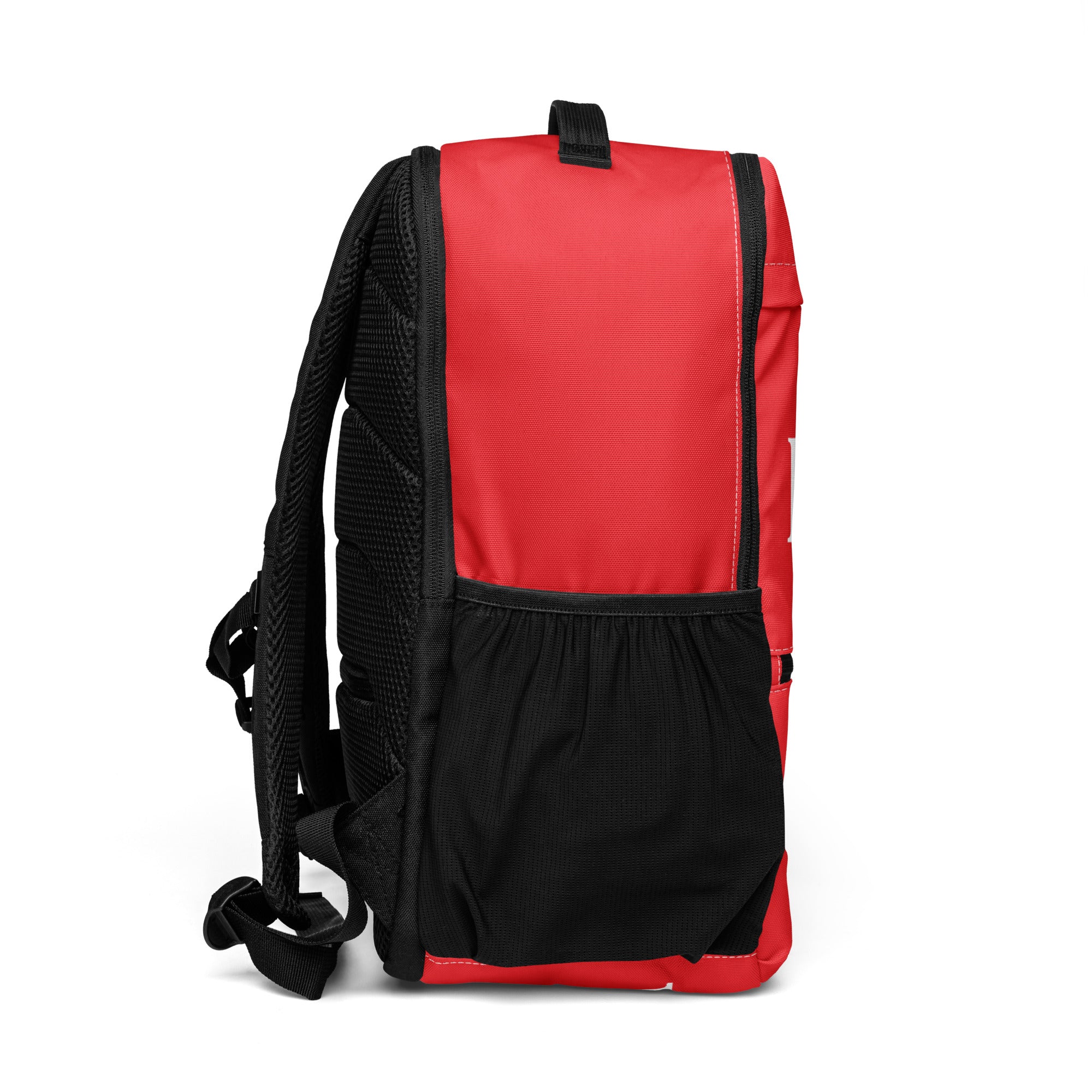 Berry Red LUX Utility Backpack right side view with mesh pocket