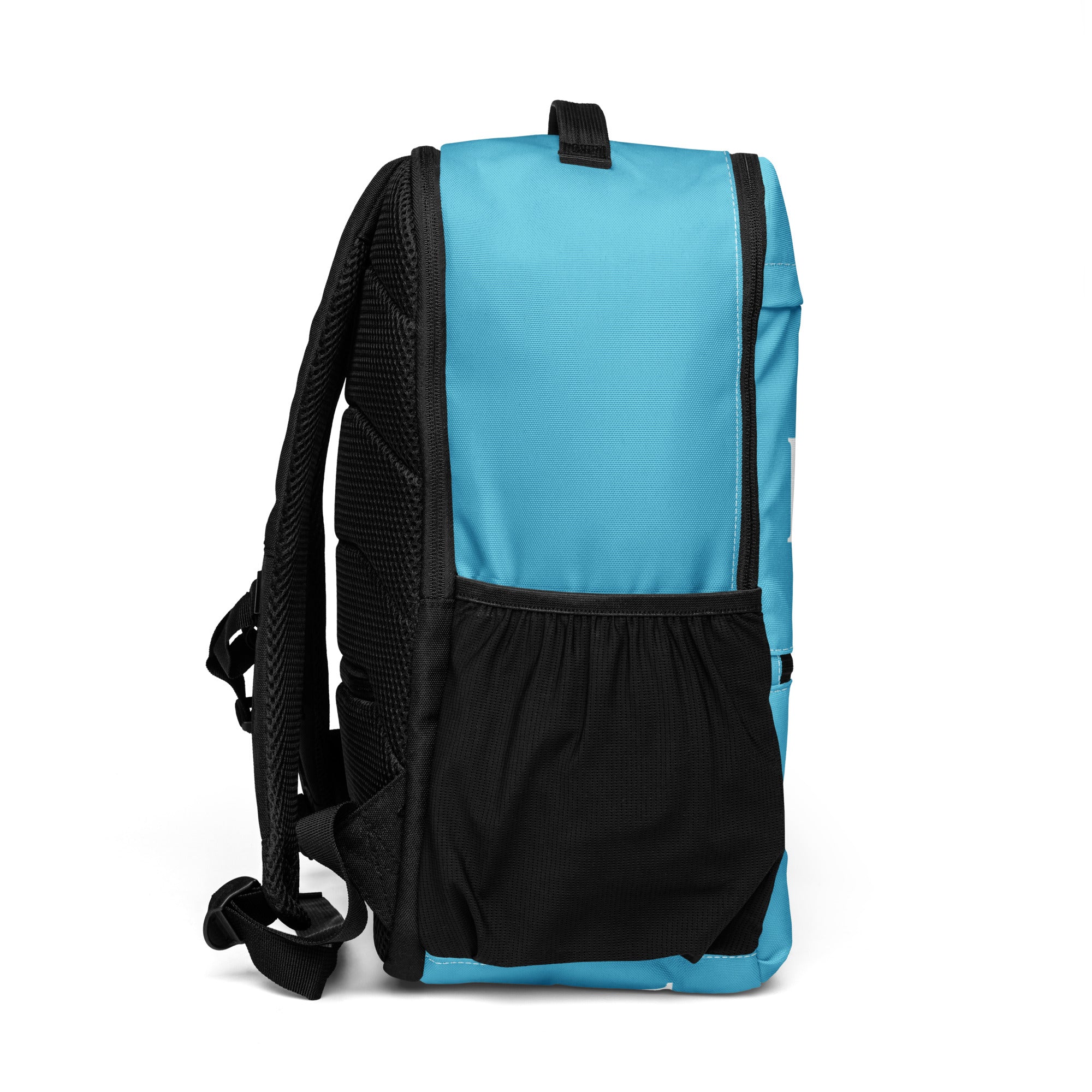 DeepSky Blue LUX Utility Backpack left side view with mesh pocket