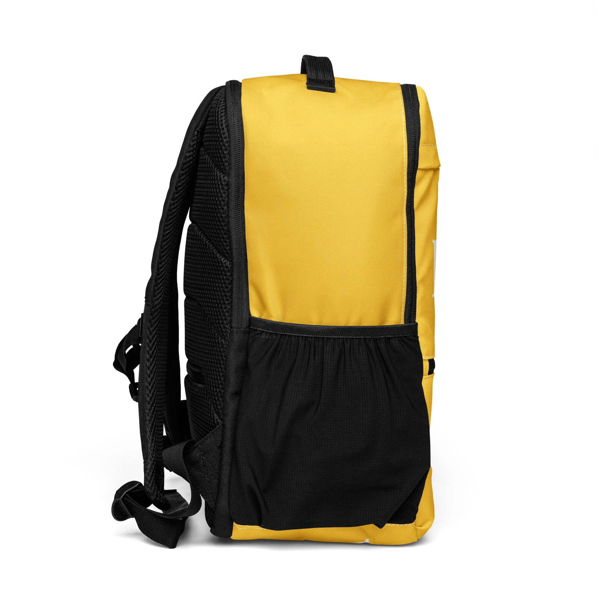 Sunflower Yellow LUX Utility Backpack – side view showing mesh pocket