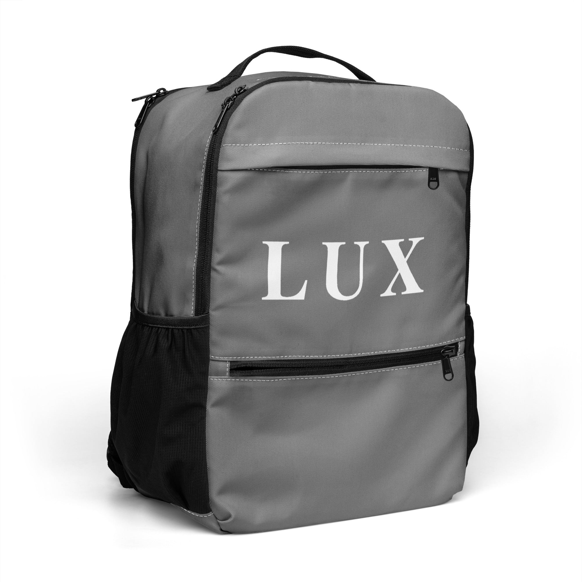 Stone Gray LUX Utility Backpack right side angle view with mesh pocket