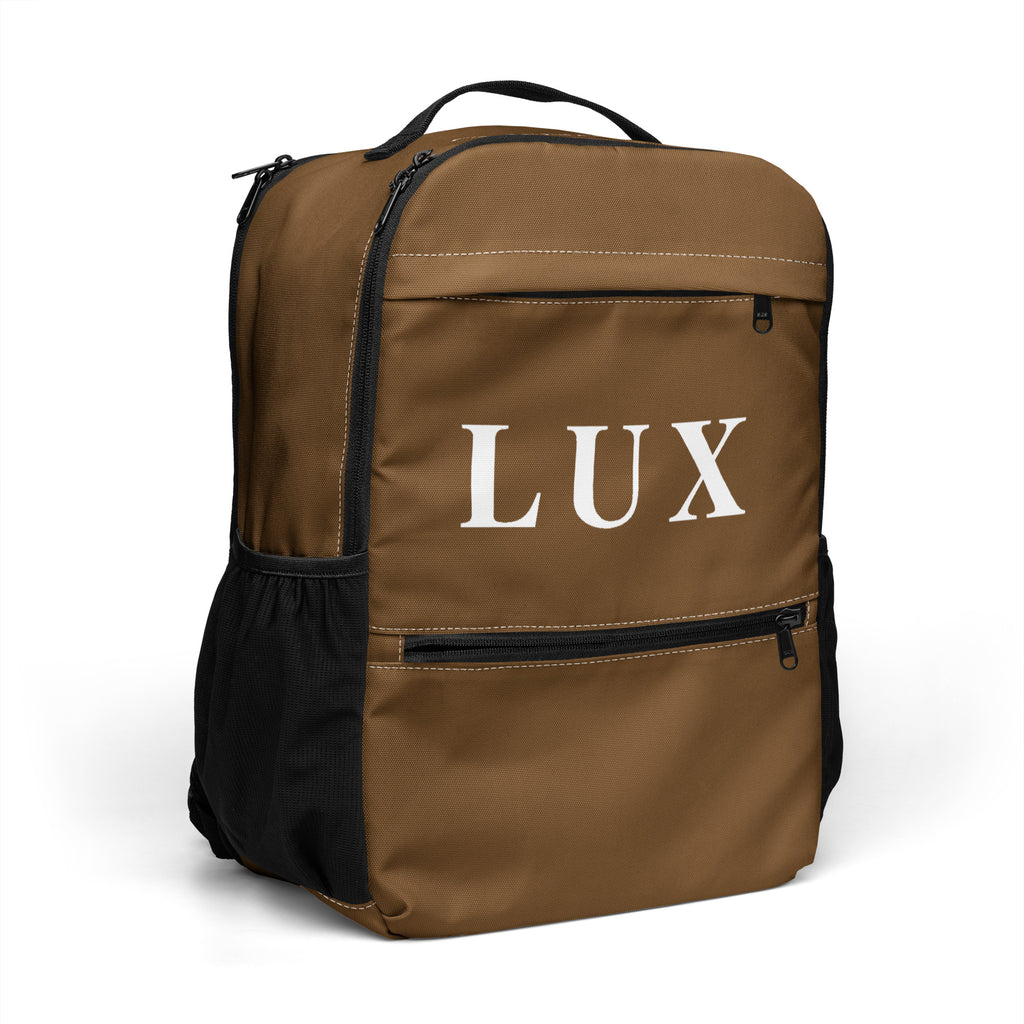 Coffee Brown LUX Utility Backpack side angle view with mesh pocket