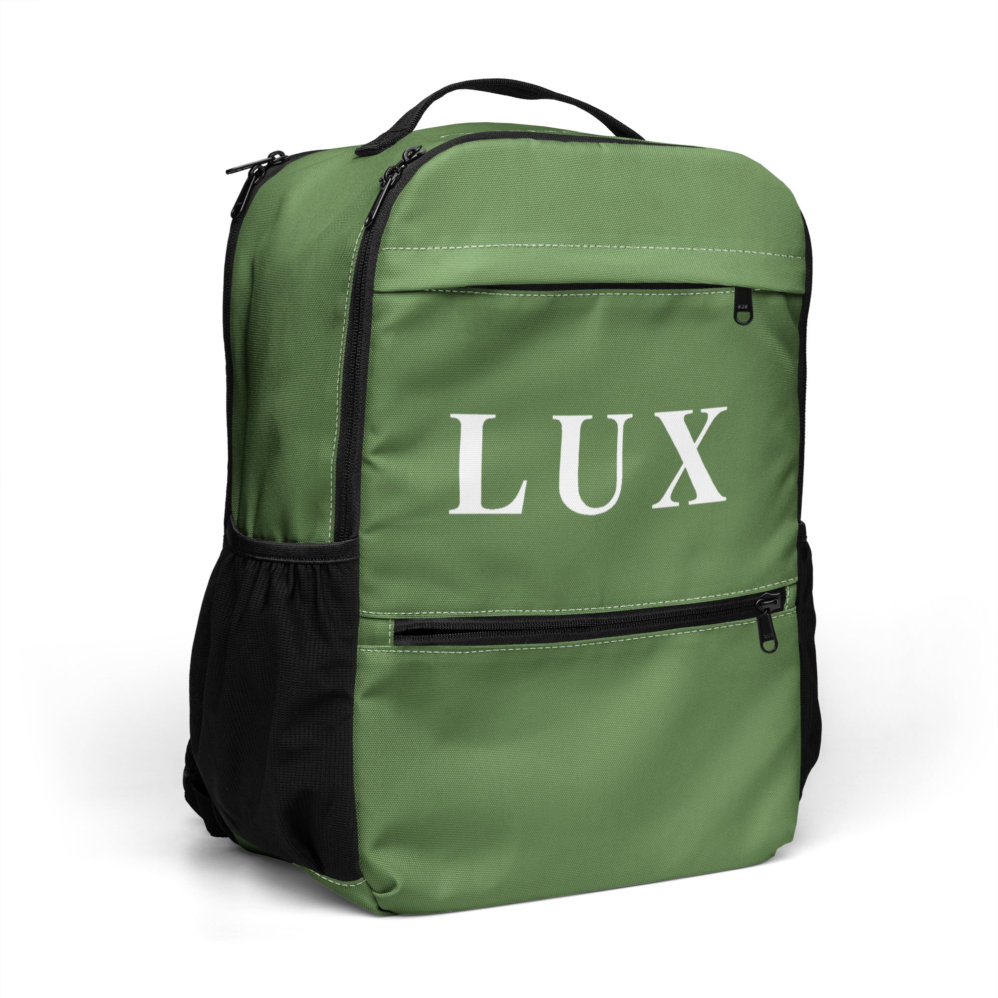 Fern Green LUX Utility Backpack side angle view with mesh pocket