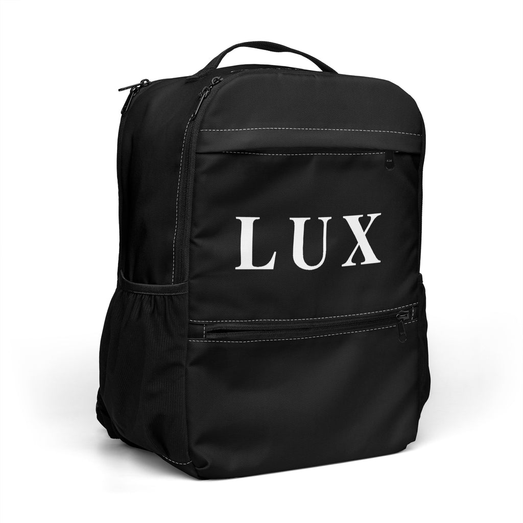 Black LUX Utility Backpack angle side view with mesh pocket