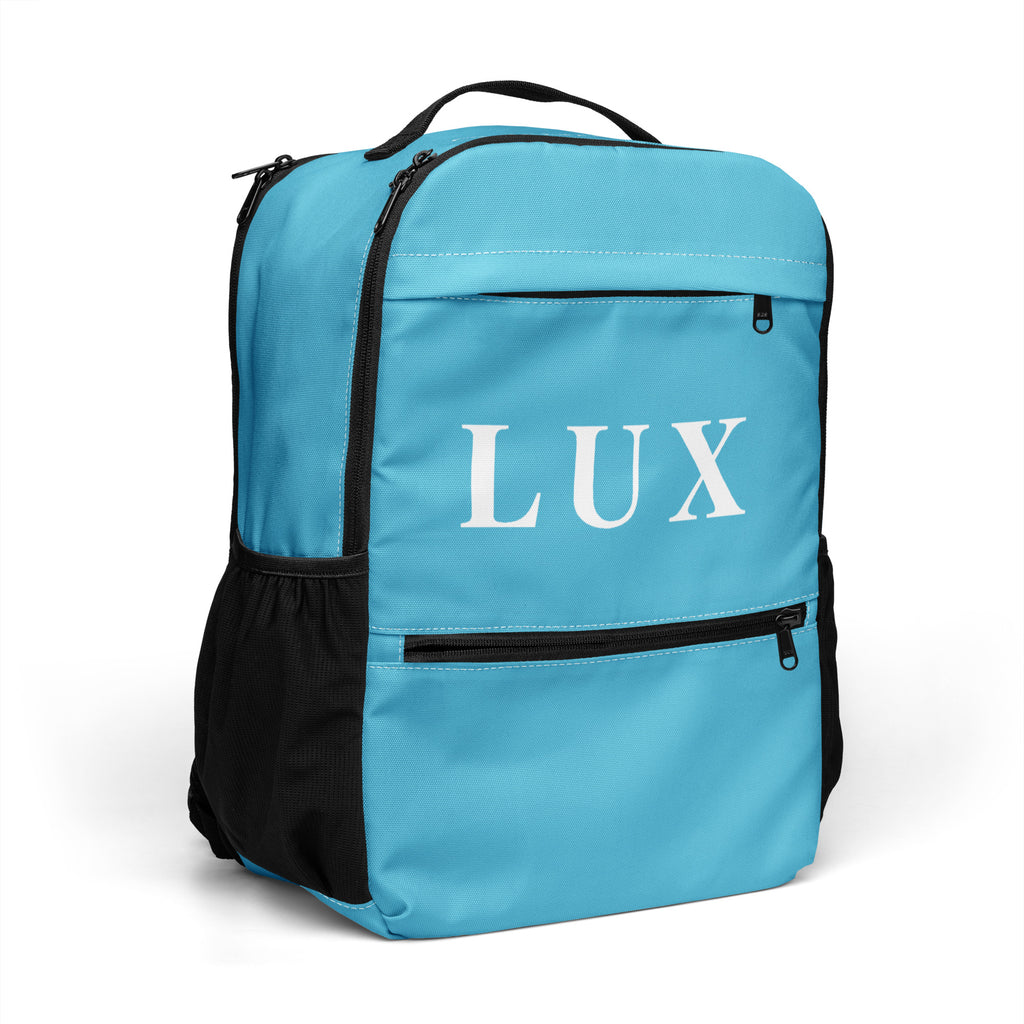 DeepSky Blue LUX Utility Backpack side view with mesh pocket