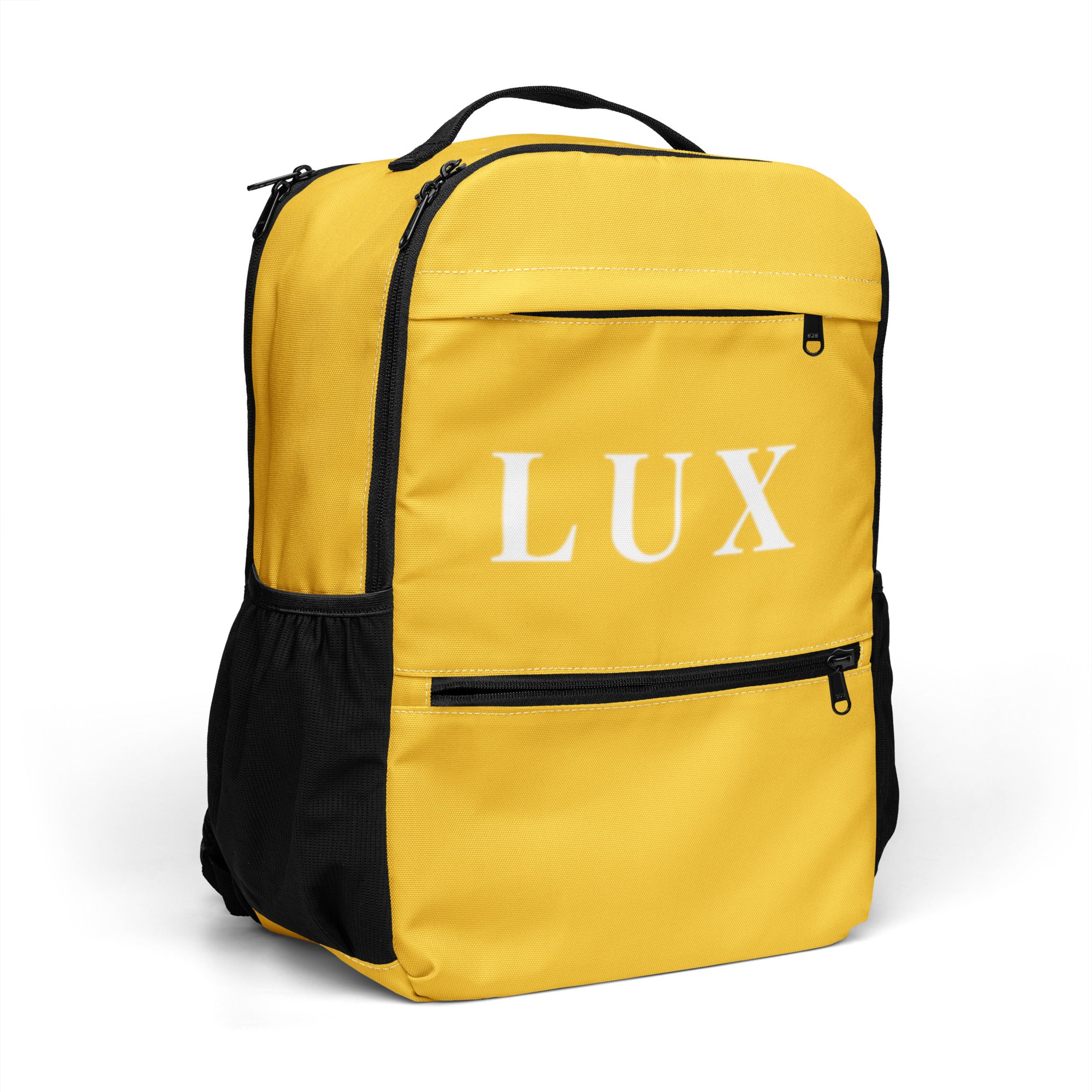 Sunflower Yellow LUX Utility Backpack – side view showing mesh pocket