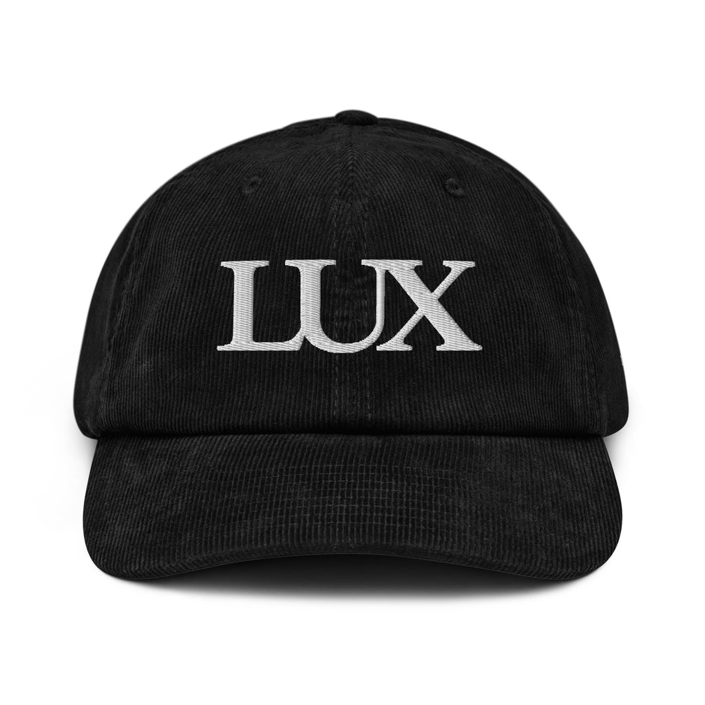 black corduroy strapback hat front view