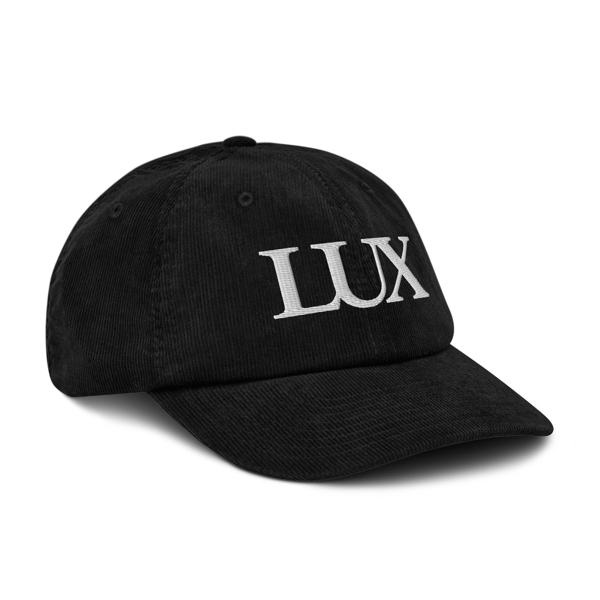 luxhatsco black corduroy dad hat close up