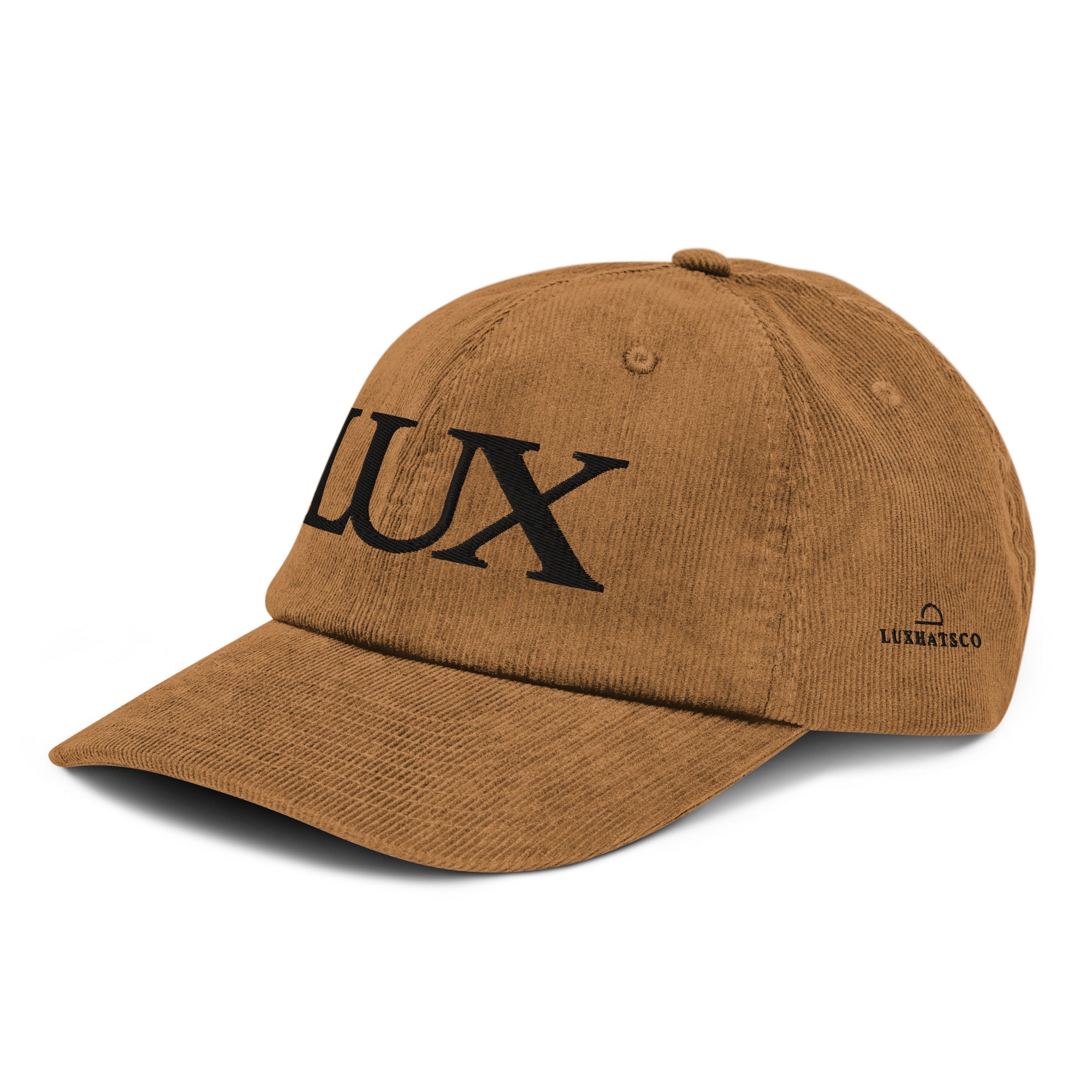luxhatsco brown corduroy dad hat close up