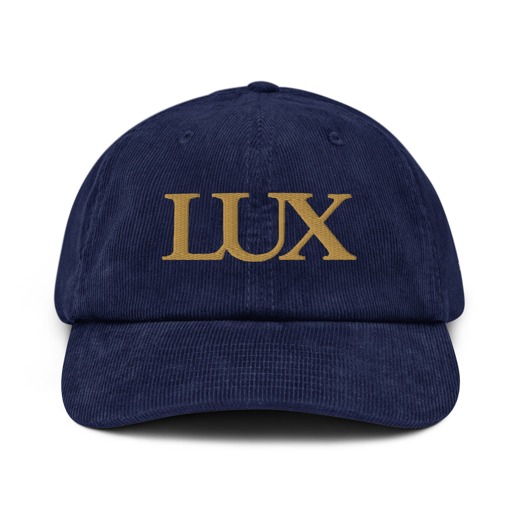 blue corduroy strapback hat front view