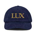 blue corduroy strapback hat front view